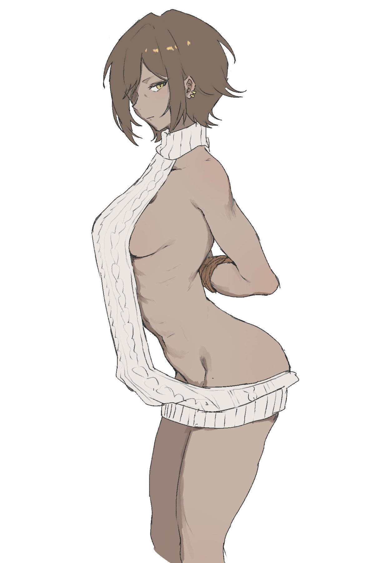 1girl, aran sweater, ass, back, backless dress, backless outfit, bare back, bare shoulders, bdsm, bondage, bound, bound arms, breasts, brown hair, cable knit, closed mouth, cowboy shot, dark skin, dark-skinned female, dress, earrings, from side, highres, jewelry, limbus company, looking at viewer, medium breasts, naked sweater, outis (project moon), project moon, short hair, sideboob, simple background, solo, sweater, sweater dress, thighs, virgin killer sweater, white background, white sweater, wrinkled skin, yellow eyes