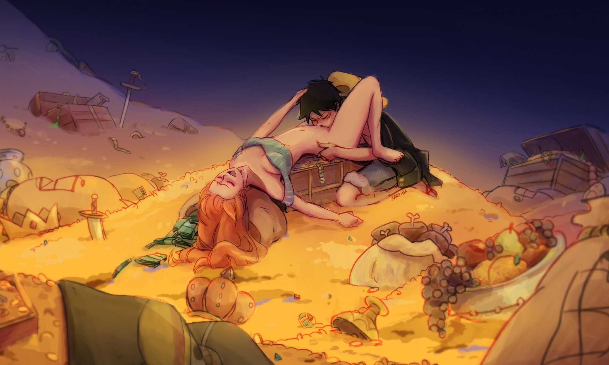 1boy, 1girl, 1girls, arm tattoo, black hair, black-haired male, blue tattoo, blush, blushing, bottomless, bottomless female, color, colored, colour, coloured, crown, cunnilingus, eating out, eating pussy, eyes closed, female, female/male, fruit, gold coin, gold jewelry, half naked, half naked female, hand on head, hands on hips, male, male/female, meat, money, monkey d luffy, mouth open, nami, nami (one piece), one piece, orange hair, orange-haired female, scar, straw hat, sword, tattoo, treasure, treasure chest, treasure hoard, zantinaa