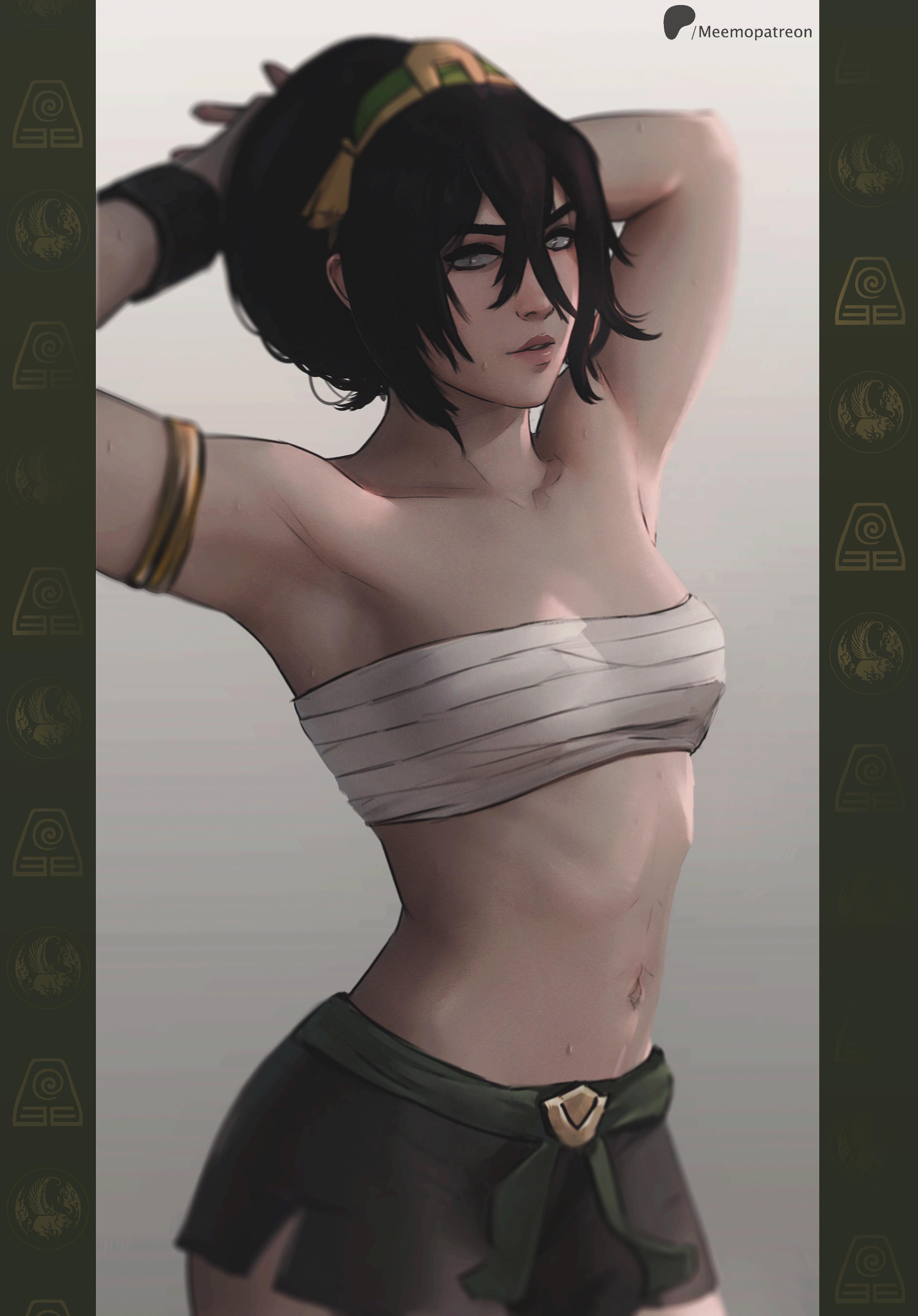 armpits, avatar legends, avatar the last airbender, bangs, big butt, blind, buff, buff female, curvy, dark hair, female, female only, front view, fully clothed, hair bun, hips, meemo.psd, muscular, muscular female, pale skin, pale-skinned female, small breasts, strong, strong female, the legend of aang, tiny breasts, toph bei fong, undress character, undressing