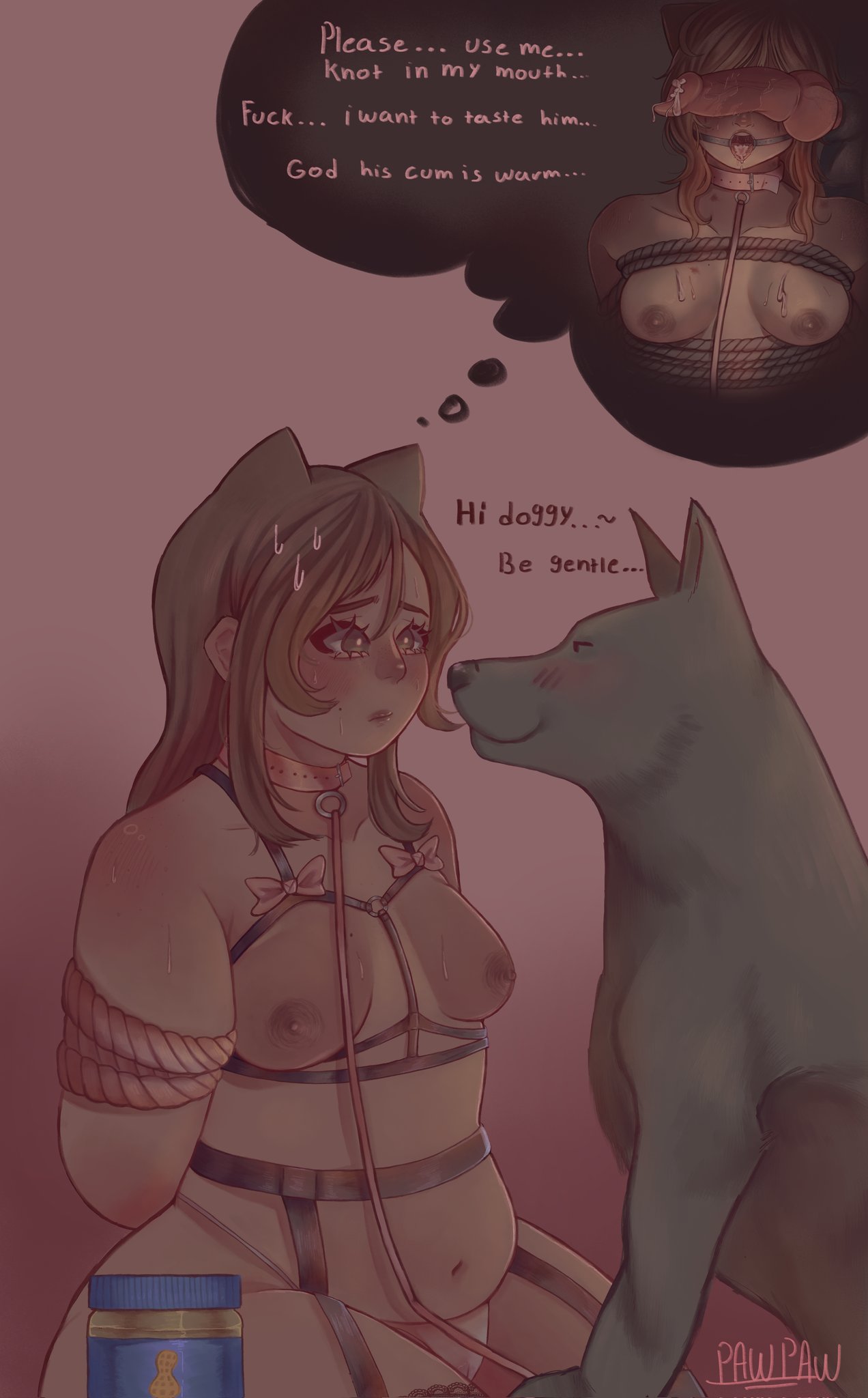 2d, animal ears, bdsm, blush, bondage, bondage gear, bound, bow, canid, canine, canine on human, canine penis, canis, chubby, collar, domestic dog, dominant feral, domination, eyeliner, fantasizing, female, female on feral, femsub, feral, feral dominating human, feral on female, feral on human, horny, horny female, human female, human on feral, human pet, human pet feral owner, imagining, imminent bestiality, imminent kiss, imminent sex, interspecies, knot, leash, leash and collar, light skin, light-skinned female, male, maledom, mascara, medium breasts, nervous, original, original character, peanut butter, petplay, rope, rope bondage, submissive, submissive human, sweetie paw, thick ass, thick thighs, thought bubble, tied up, zoophilia