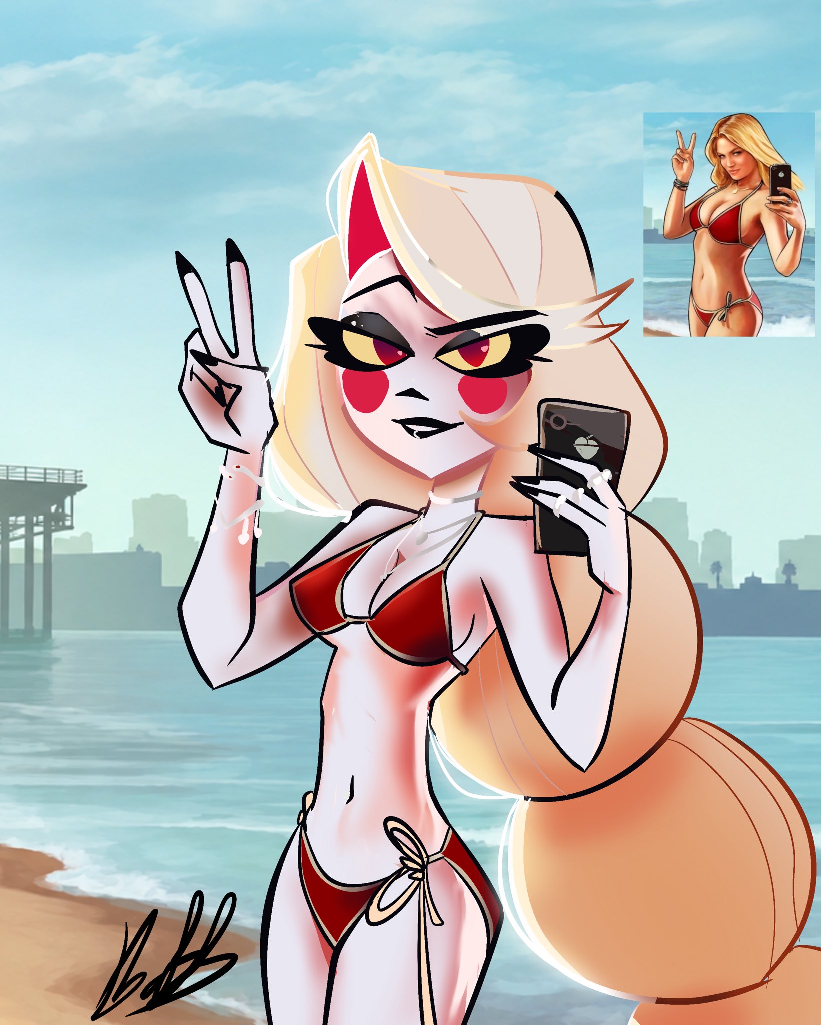 1girl, 1girls, amazon prime, bikini, charlie morningstar, charlie morningstar (hazbin hotel), grand theft auto, grand theft auto v, gtav cover girl, hazbin hotel, hazbin hotel (season 2), hellaverse, phone, red bikini, red cheekdots, red cheeks, selfie, spindlehorse toons, standing, standing up, twitter, vivienne medrano, vivziepop, white body, white skin