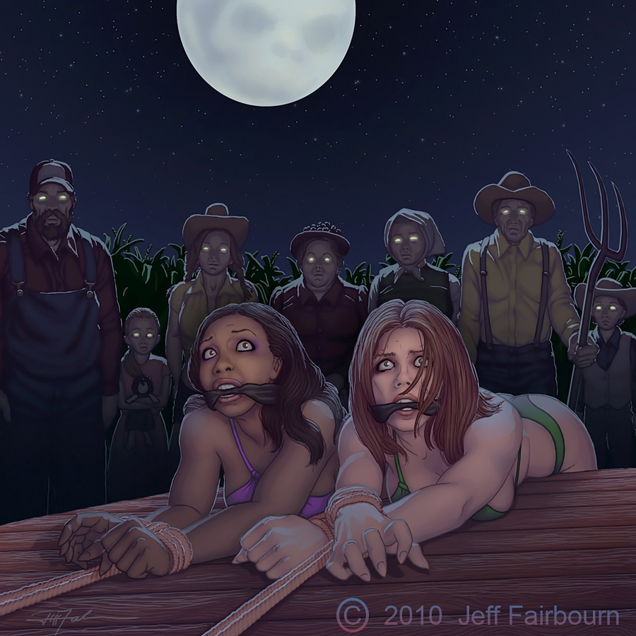 2010, 6+girls, 6girls, artist name, bondage, bound, cleave gag, faile35, fantasy, farm, fear, female, femsub, gag, glowing eyes, jeff fairbourn, moon, multiple females, multiple girls, multiple subs, night, night sky, outdoors, pitchfork, rope, signature, tagme