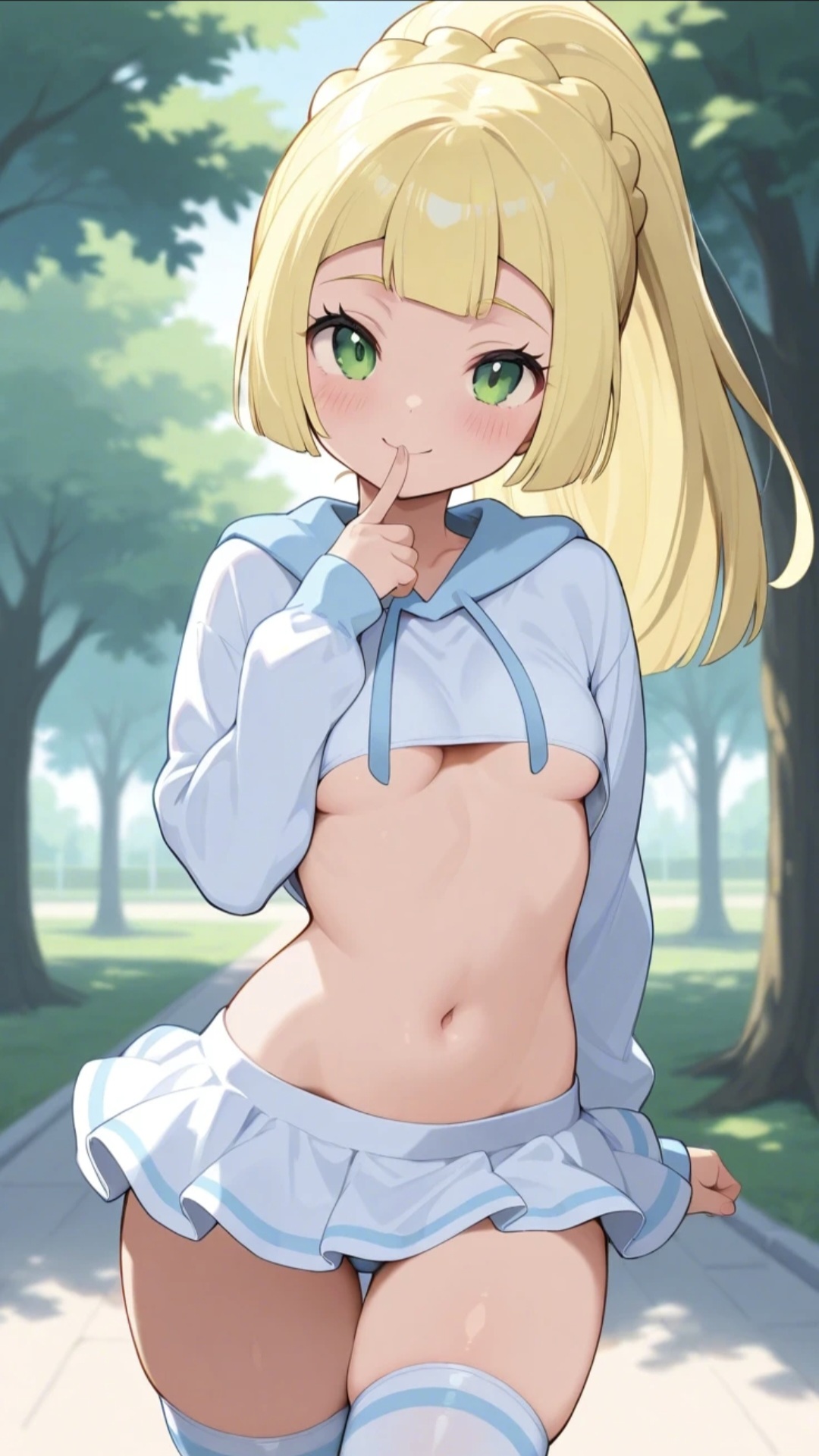 1girls, ai generated, bangs, big eyes, blonde, blonde female, blonde hair, blonde hair female, commentary request, crop top, cute, cute face, cute smile, female, female focus, finger on lip, frilled skirt, girly, green eyes, hair, hoodie, lia the busty redhead, lillie (pokemon), long hair, long sleeves, looking at viewer, microskirt, midriff, navel, outdoors, outside, park, pelvic line, petite, petite body, petite breasts, petite female, pokemon, pokemon sm, ponytail, self upload, skirt, small breasts, smile, smiling, smiling at viewer, straight bangs, straight hair, tagme, thighhighs, thighs, underboob, white clothing, white thighhighs