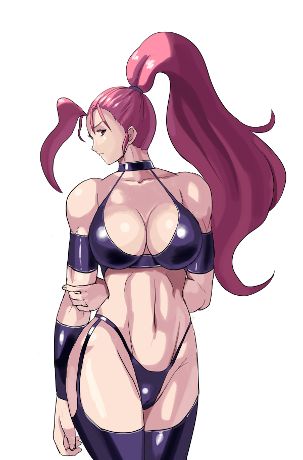 1girls 78_(tky8) ahoge arm_behind_back bare_shoulders big_breasts bikini boots breasts capcom captain_commando carol_(captain_commando) choker cleavage female garter_straps huge_ahoge large_breasts long_hair pink_eyes pink_hair ponytail solo swimsuit thigh_boots thighhighs thong_bikini tied_hair vambraces white_background