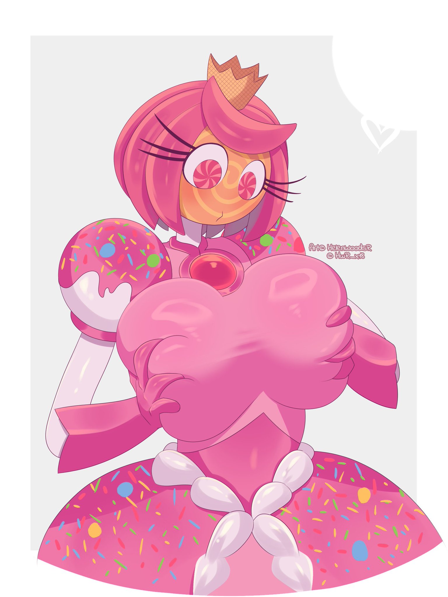 1girls, big breasts, candy girl, clothed, glitch productions, grabbing own breast, helenwoodsr, hwr nsfw, long eyelashes, pink dress, princess loolilalu, solo, sprinkles, tagme, the amazing digital circus