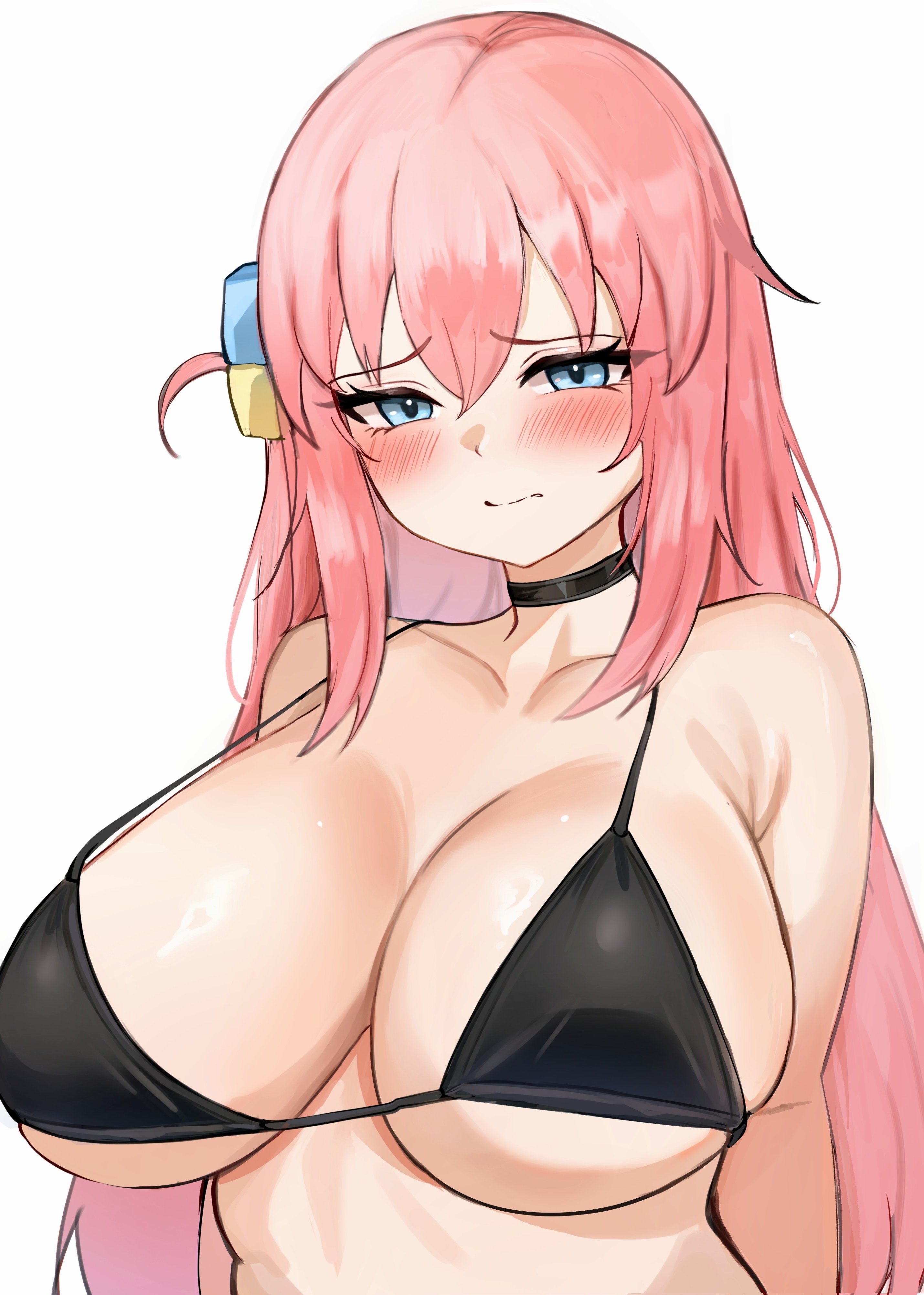 black bikini, blush, bocchi the rock!, choker, closed mouth, embarrassed, gotou hitori, heavy blush, huge breasts, looking at viewer, pingun, upper body