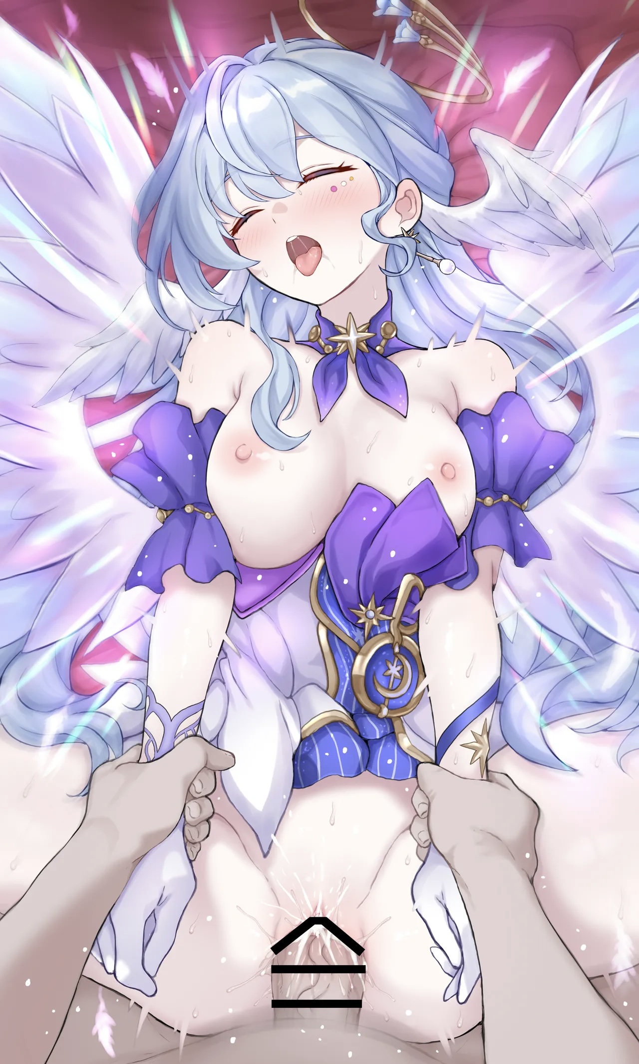 1boy, 1girls, areolae, arm grab, blue hair, breasts, breasts out, closed eyes, clothed female nude male, cum, cum in pussy, daram (shappydude), ear ring, ejaculation, ejaculation in pussy, ejaculation while penetrated, exposed breasts, gloves, halo, honkai: star rail, legs apart, long hair, male pov, medium breasts, missionary position, motion blur, motion lines, nipples, on back, open mouth, penis, pillow, pov, pussy, robin (honkai: star rail), rough sex, sex, tongue, tongue out, vaginal penetration, vaginal sex, veiny penis, wings