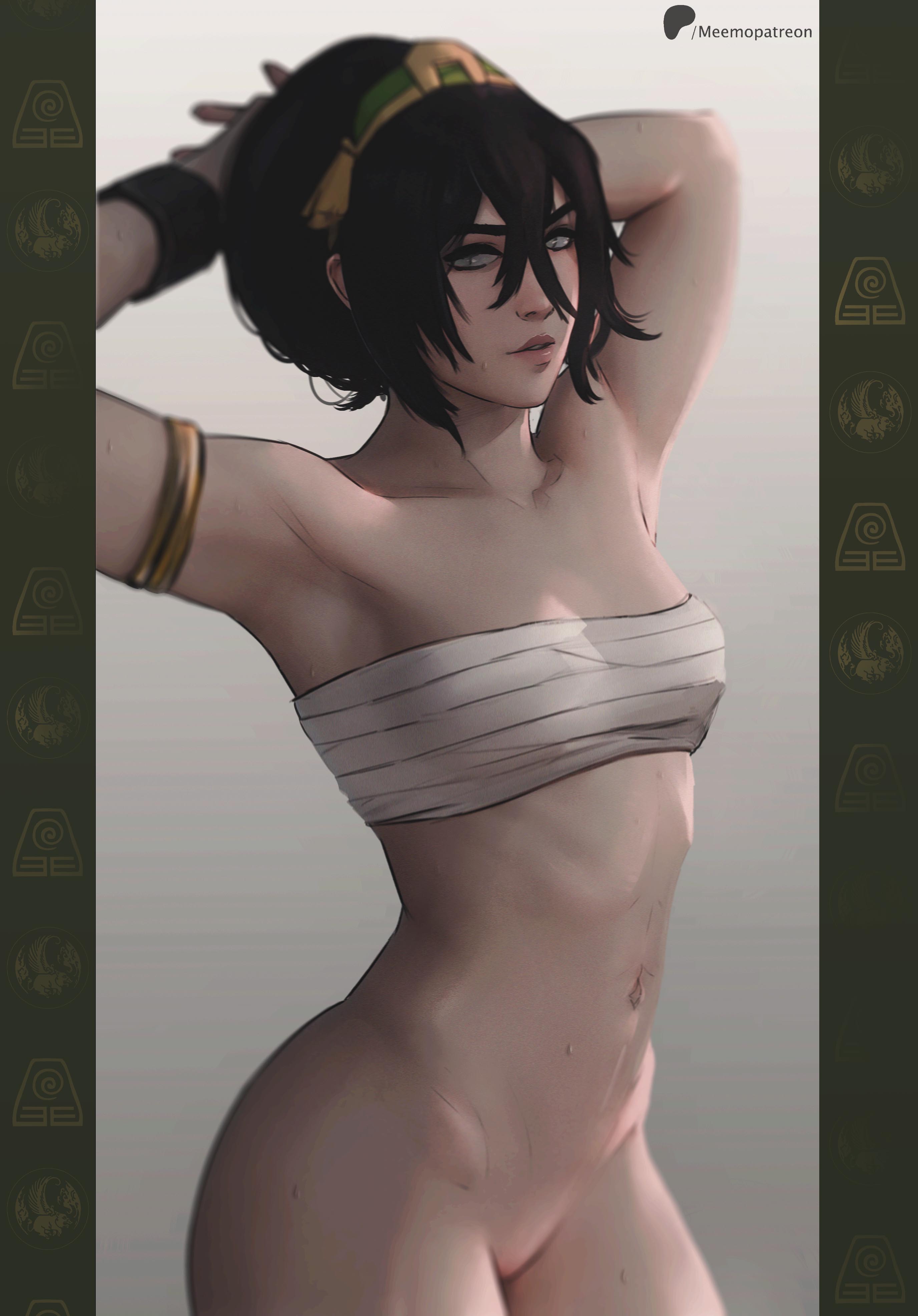 armpits, avatar legends, avatar the last airbender, bangs, big butt, blind, bottomless, bottomless female, buff, buff female, curvy, dark hair, female, female only, front view, fully clothed, hair bun, hips, meemo.psd, muscular, muscular female, pale skin, pale-skinned female, small breasts, strong, strong female, the legend of aang, tiny breasts, toph bei fong, undress character, undressing