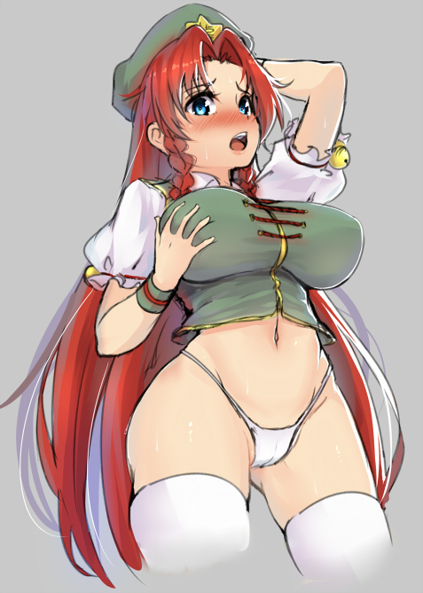 arm up, bell, blue eyes, blush, braid, breasts, cameltoe, female, g-string, hat, hong meiling, jingle bell, large breasts, magister (bigbakunyuu), navel, no pants, panties, pussy, red hair, rough, solo, star, sweat, thighhighs, thong, touhou, twin braids, underwear, white legwear, white panties, wide hips