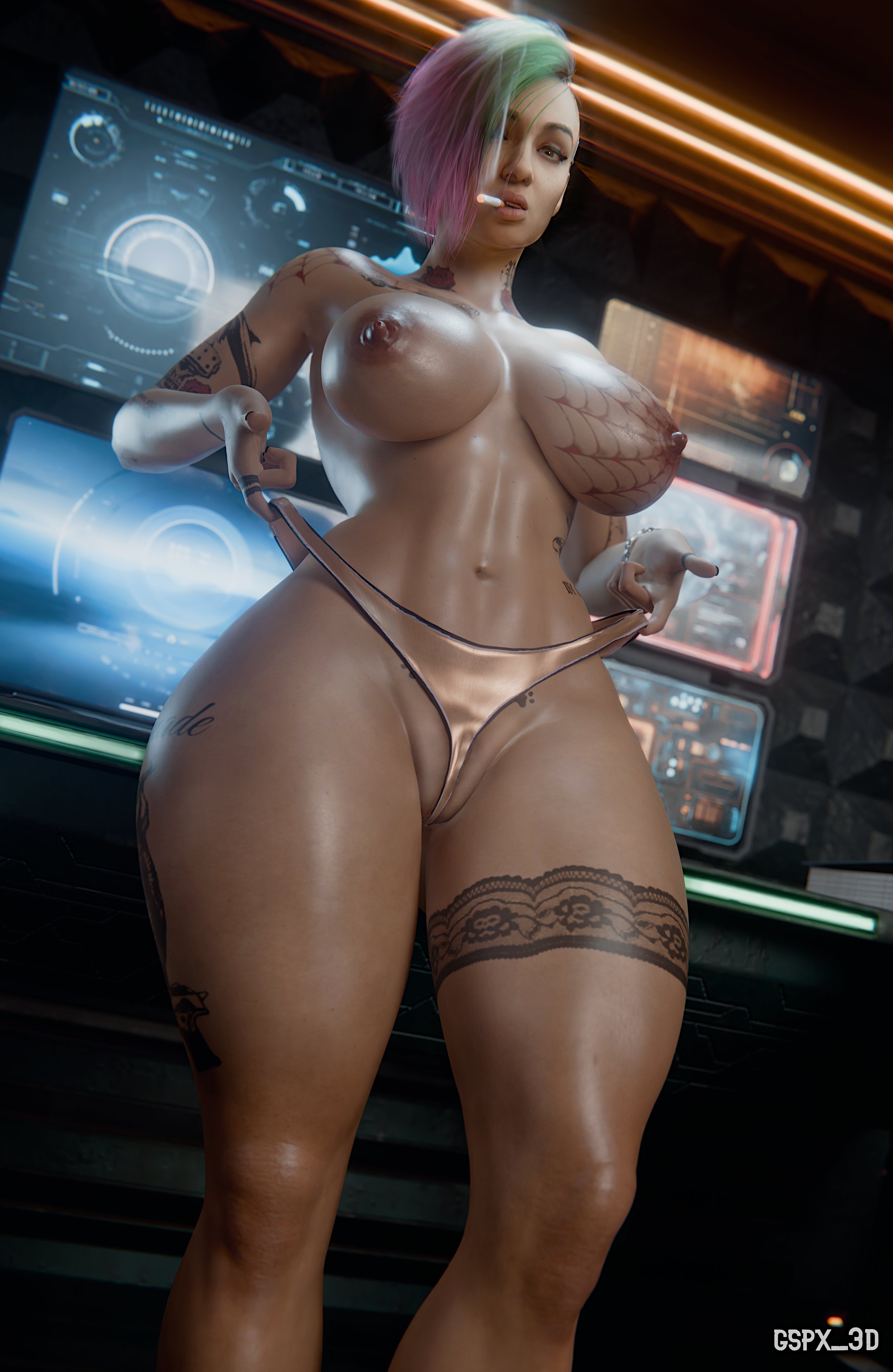 1girls, 2026, 3d, adjusting panties, areolae, big areolae, big thighs, black nail polish, breasts, brown eyes, cigarette, cigarette in mouth, cigarette smoke, cyberpunk 2077, dyed hair, eyeliner, female, female only, green and purple hair, gspx 3d, huge breasts, in-game background, in-universe location, judy alvarez, labia majora, labia minora, legs apart, lipstick, looking at viewer, low-angle view, makeup, mismatched eyebrows, nail polish, nipples, painted nails, panties, panties only, pussy, pussy floss, pussy slip, shaved side, short hair, smoking, smoking cigarette, solo, standing, tattoo, tattoos, tattoos everywhere, thick thighs, topless, topless female, winged eyeliner