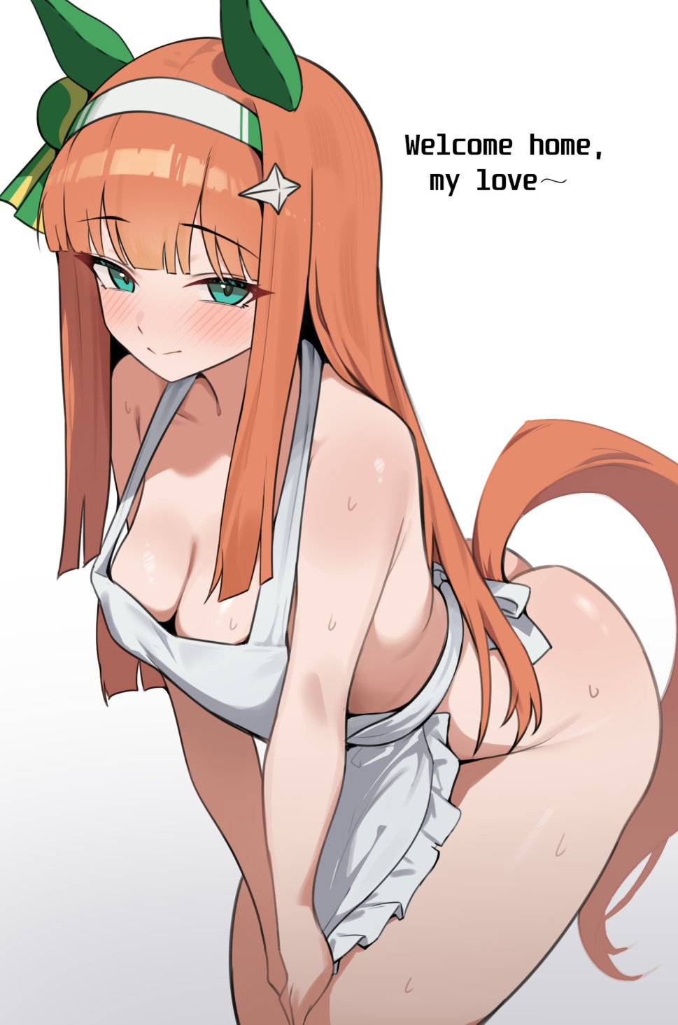 1girls, apron, blush, dush 1154, female, green eyes, hairband, hairclip, horse ears, horse girl, horse tail, light skin, light-skinned female, long hair, looking at viewer, naked apron, nude, nude female, orange hair, partially clothed, silence suzuka (umamusume), solo, solo female, sweat, tail, umamusume