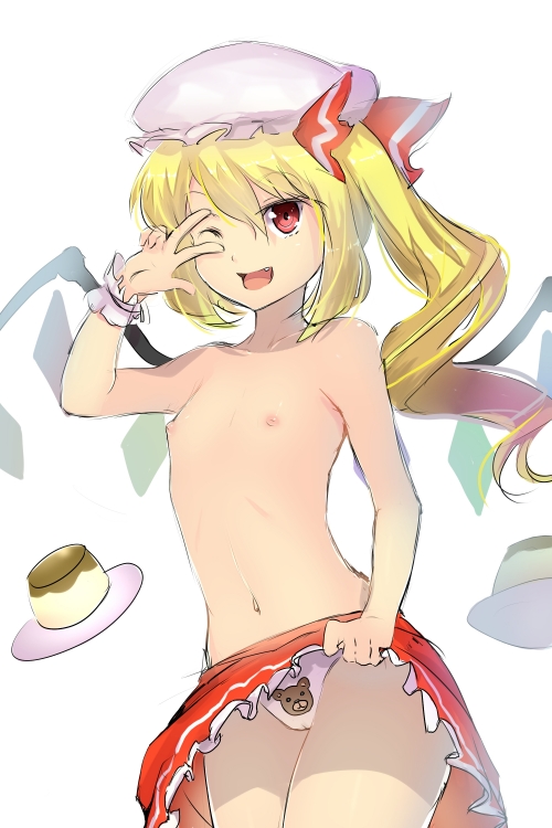 ascot bear_panties bear_print blonde_hair cameltoe cute_fang female flan flandre_scarlet flat_chest hat hat_ribbon long_hair magister_(bigbakunyuu) navel nipples panties print_panties pudding red_eyes ribbon side_ponytail skirt skirt_lift solo topless touhou underwear upskirt v_over_eye wings wink wrist_cuffs