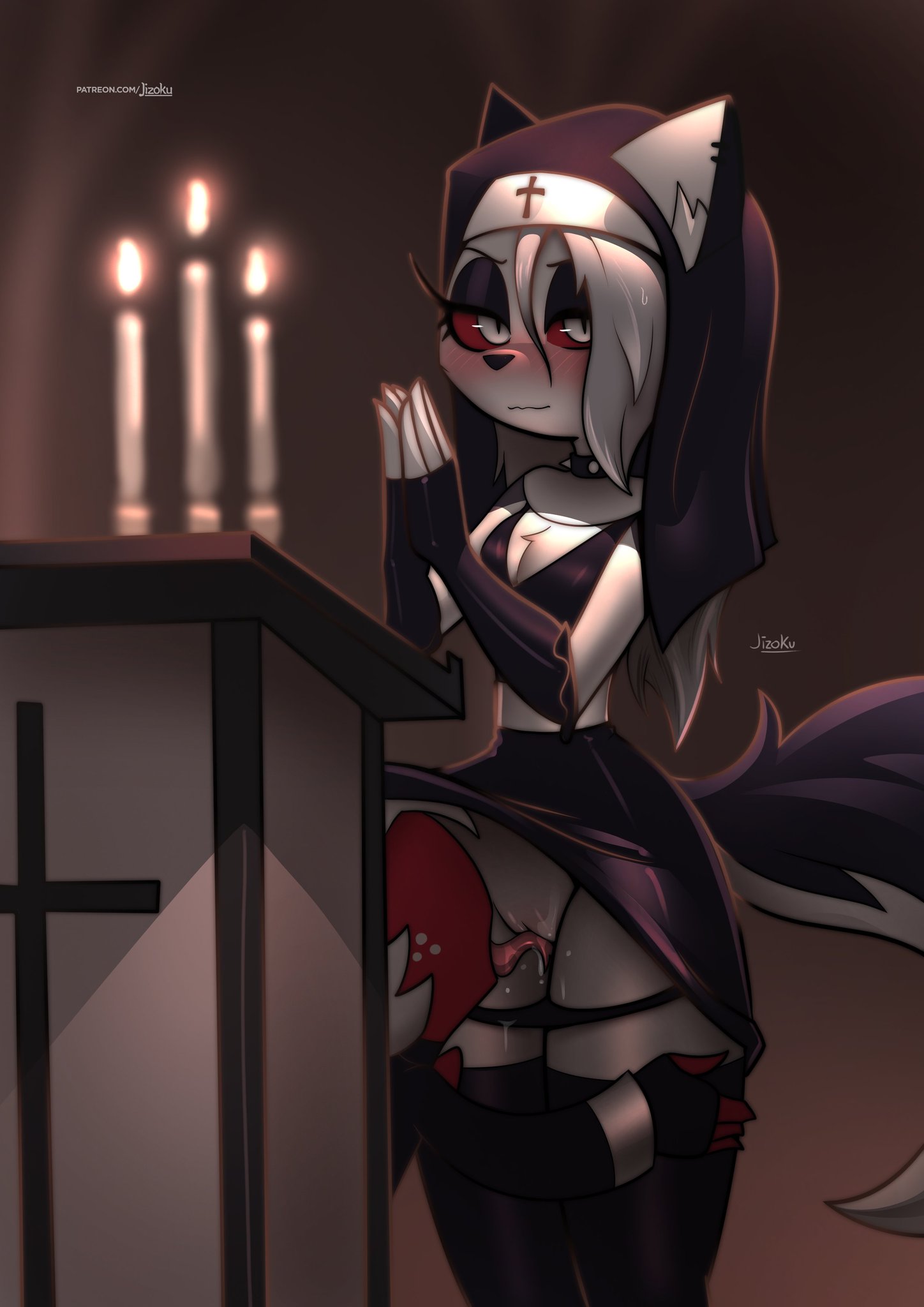 cunnilingus, hellaverse, hellhound, helluva boss, hidden sex, jizoku, licking pussy, loona (helluva boss), moxxie (helluva boss), nun, nun outfit, public, public sex, tagme