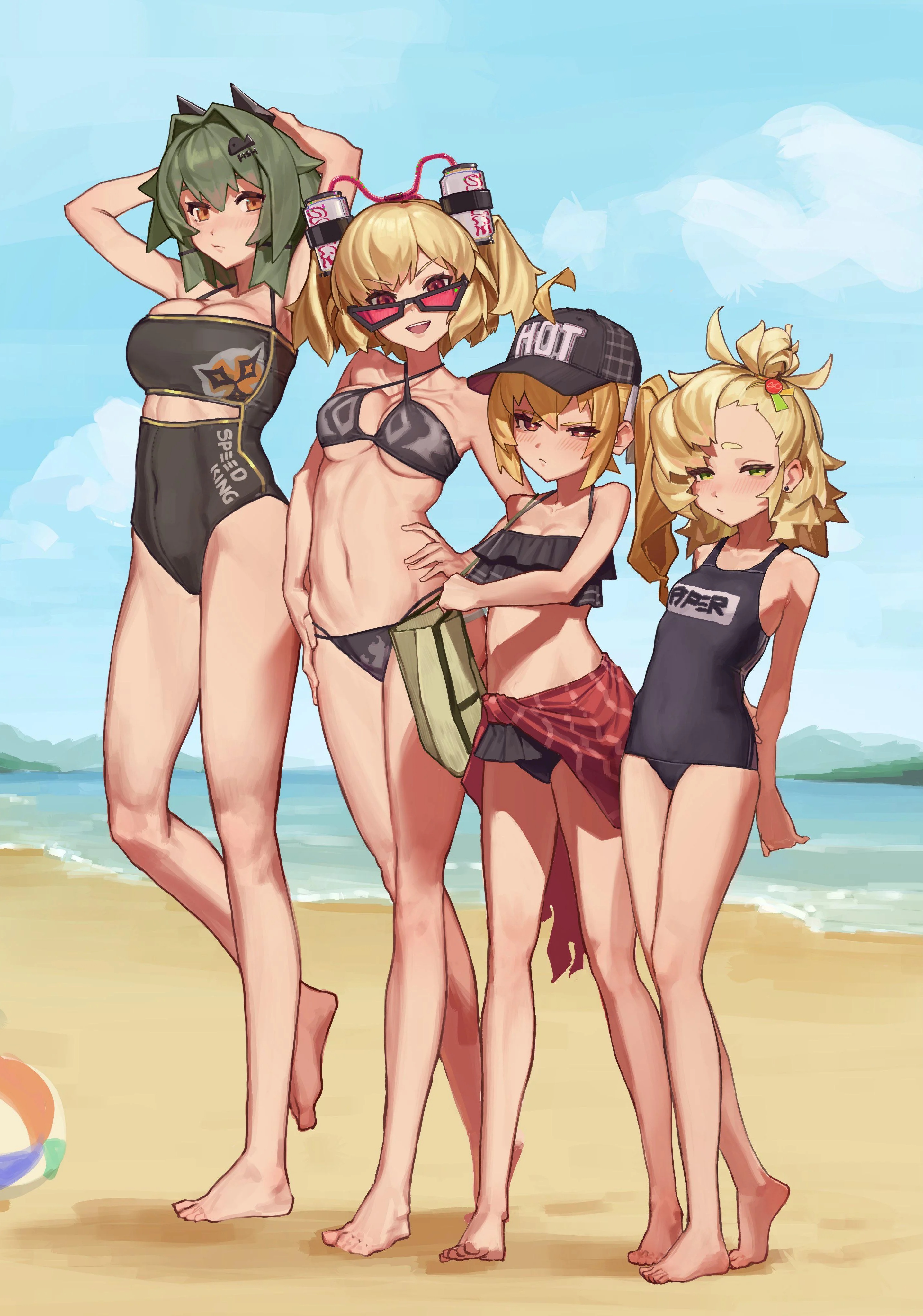 beach, bikini, breasts, burnice white, caesar king, long hair, luciana de montefio, medium hair, multiple girls, one-piece swimsuit, piper wheel, school swimsuit, sons of calydon, zenless zone zero