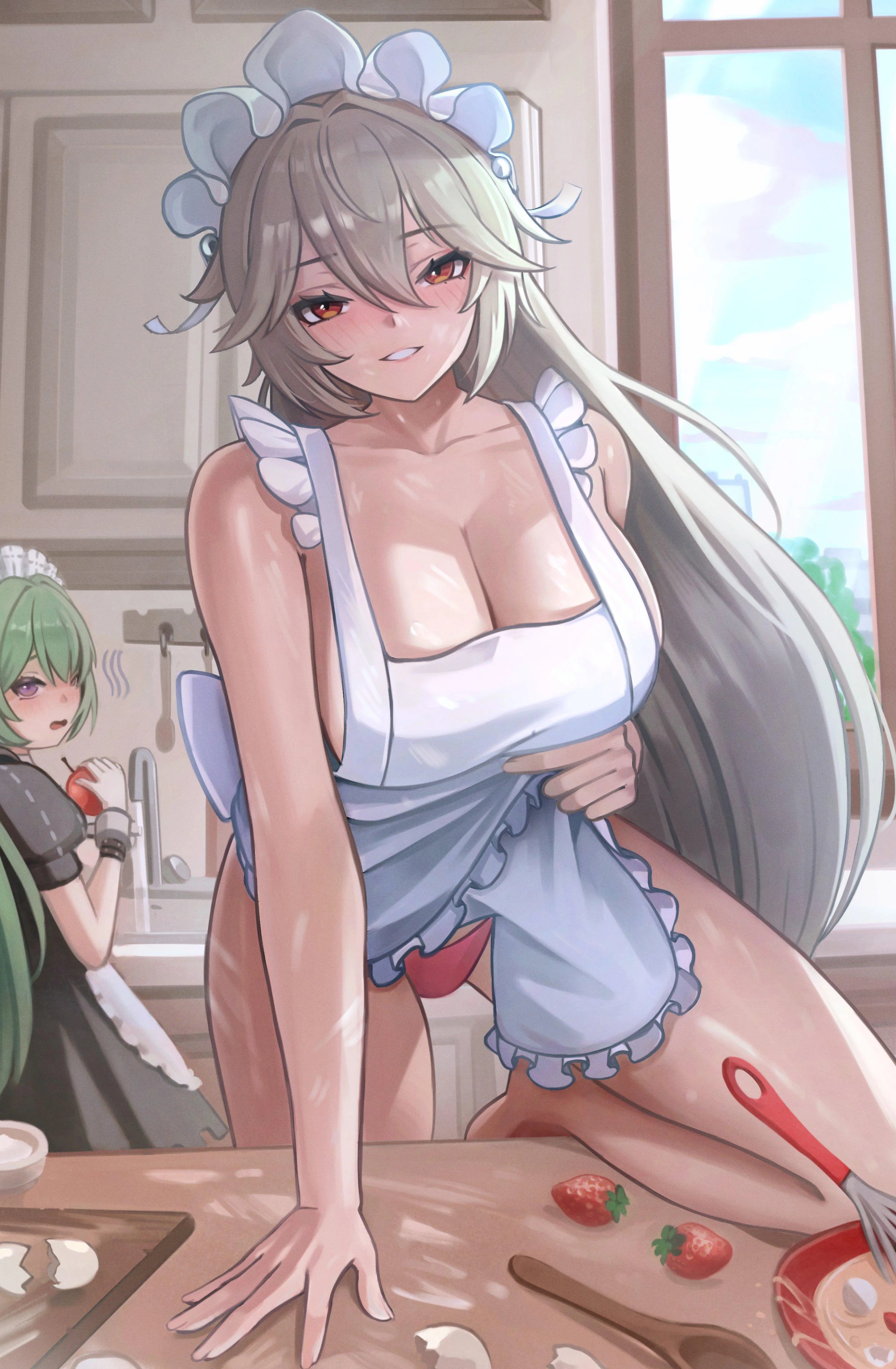 alexandrina sebastiane, apron, corin wickes, long hair, long nails, multiple girls, naked apron, pantyshot, strawberry, zenless zone zero