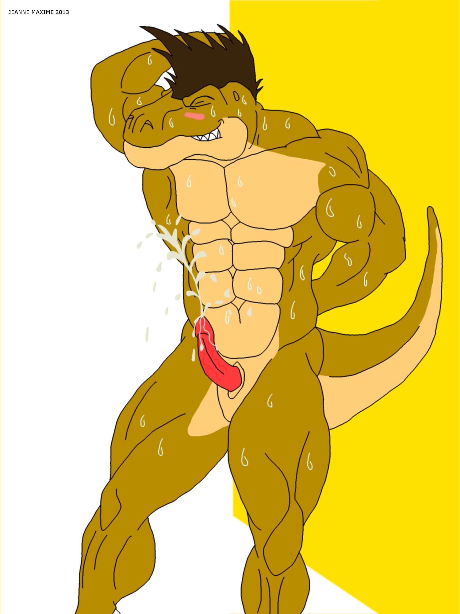 2013 abs anthro biceps bodybuilder cum dinosaur erection furry jonathan_alexander male male_only maxime-jeanne muscles no_humans nude orgasm pecs penis plain_background pose precum reptile scales scalie solo sweat theropod tyrannosaurus_rex vein white_background