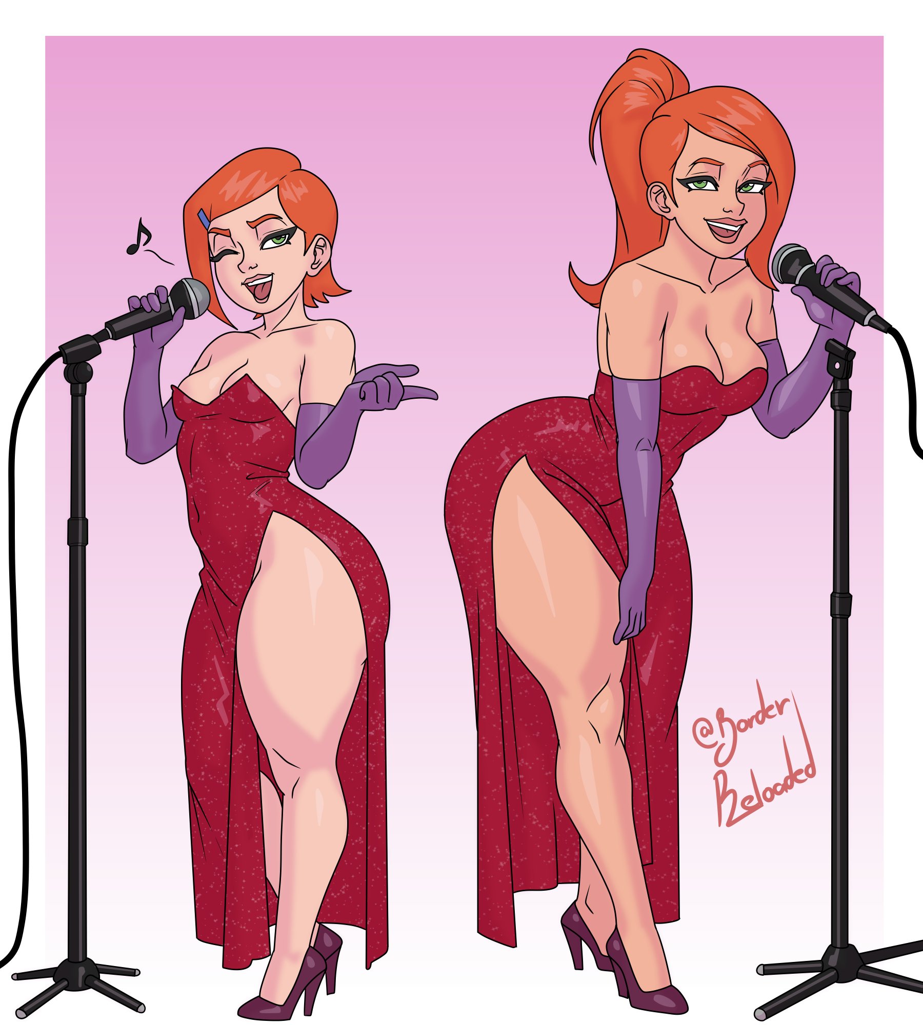 2d, 2girls, 9:10, ass, bare shoulders, ben 10, ben 10 (classic), ben 10 ultimate alien, big ass, borderreloaded, bottom heavy, bottom heavy female, breasts, busty, cartoon network, cleavage, cosplay, dress, dual persona, female, female only, green eyes, gwen tennyson, gwen tennyson (classic), gwen tennyson (ultimate alien), high heels, hourglass figure, jessica rabbit (cosplay), large ass, long hair, medium breasts, microphone, multiple girls, orange hair, ponytail, red hair, short hair, singing, small breasts, thick, thick ass, thick hips, thick legs, thick thighs, who framed roger rabbit, wide hips