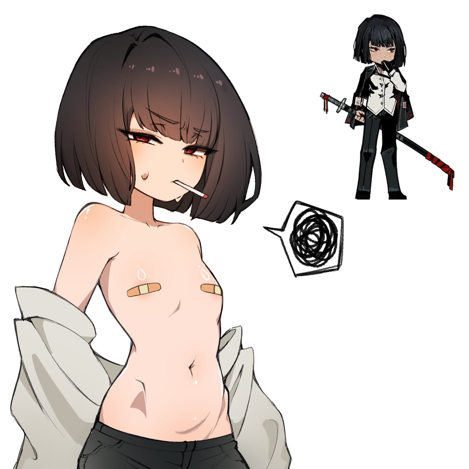 1girls, 2d, belly button, black hair, breasts, cigarette, digital media (artwork), exposed, exposed breasts, eyebrows, eyebrows visible through hair, female, female only, flat chest, hips, jeans, limbus company, looking at viewer, nipples covered, pissed off, project moon, red eyes, ryoshu (limbus company), shirt, shirt open, simple background, small breasts, sweat, tummy, video games, white background