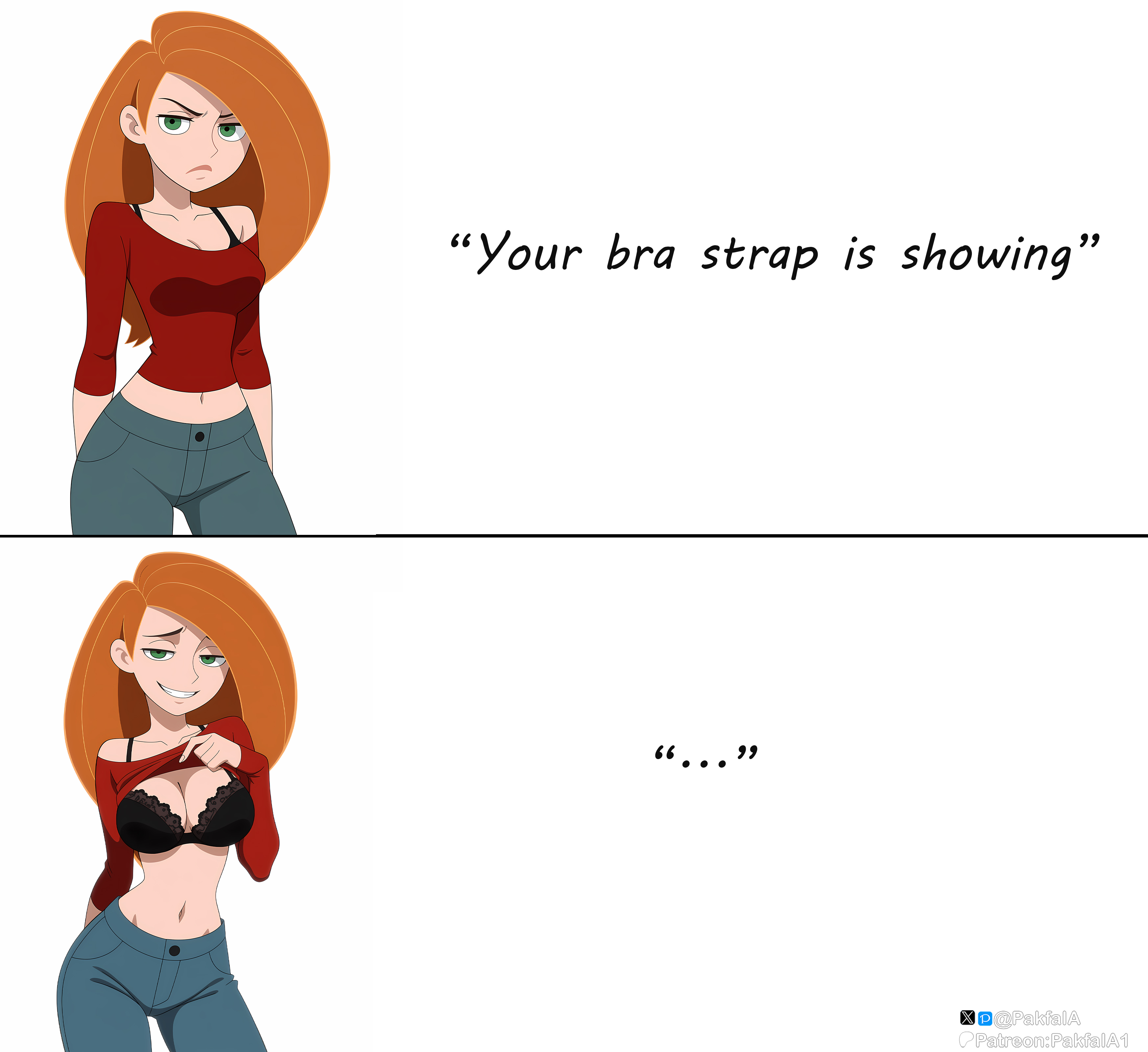1girl, 1girls, bra, bra strap, bra strap is showing (meme), clothed, disney, disney channel, kim possible, kimberly ann possible, orange hair, pakfaia, pants, red hair, redhead, shirt, smile, smiling, standing, standing up, twitter