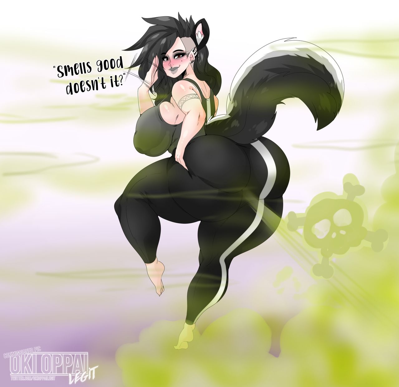 1girls, 2d, 2d (artwork), 4 ears, animal ears, armband, artist logo, artist name, artist signature, ass, ass bigger than head, ass cleavage, ass crack, ass focus, barefoot, big ass, big hips, big nipples, big thighs, bigger female, black and white clothing, black and white fur, black and white hair, black and white shirt, black and white tail, black hair, black pants, black tank top, boobs, boobs and butt pose, booty, booty focus, breasts, breasts bigger than head, brown eyes, butt crack, chubby, chubby ass, chubby female, clothed, clothed female, deadly fart, dialogue, ear piercing, ear piercings, enjoying, enjoying farting, eyeliner, fanning, fanning face, fanning fart, fanning self, fart, fart cloud, fart everywhere, fart fetish, farting, farting at viewer, farts, feet, female, female focus, flare pants, gas, gassy, gassy ass, gassy female, goth, goth fashion, goth girl, goth makeup, gothic, gothic girl, gray lips, gray lipstick, green fart, green gas, grey lips, grey lipstick, hips, hips wider than shoulders, human and animal ears, human ears, larger female, light skin, light-skinned female, long hair, loving, loving gaze, milf, mole, mole under eye, mommy, mommy kink, nipples, nipples visible through clothing, no bra, no shoes, nose piercing, okifetish, okioppai, one leg raised, one leg up, pandora (okioppai), piercing, piercing nose, piercings, poison gas, pov, pov ass, pov eye contact, raised leg, raised tail, seducing, seducing viewer, seductive, seductive body, seductive eyes, seductive look, seductive pose, seductive smile, shaved hair, shaved head, skull, skunk, skunk ears, skunk girl, skunk spray, skunk stripe, skunk tail, smell, smelly, smelly ass, smelly farts, smile, smiling, smiling at viewer, smug, smug face, spreading ass, spreading ass cheeks, spreading ass to viewer, stink, stink fumes, stink lines, stinky, stinky ass, stinky fart, sweat pants, sweatpants, tail, tail raised, talking, talking to viewer, tank top, tanktop, text, thick, thick ass, thick hips, thick thighs, thighs, thighs bigger than head, toxic gas, white stripes, yoga pants