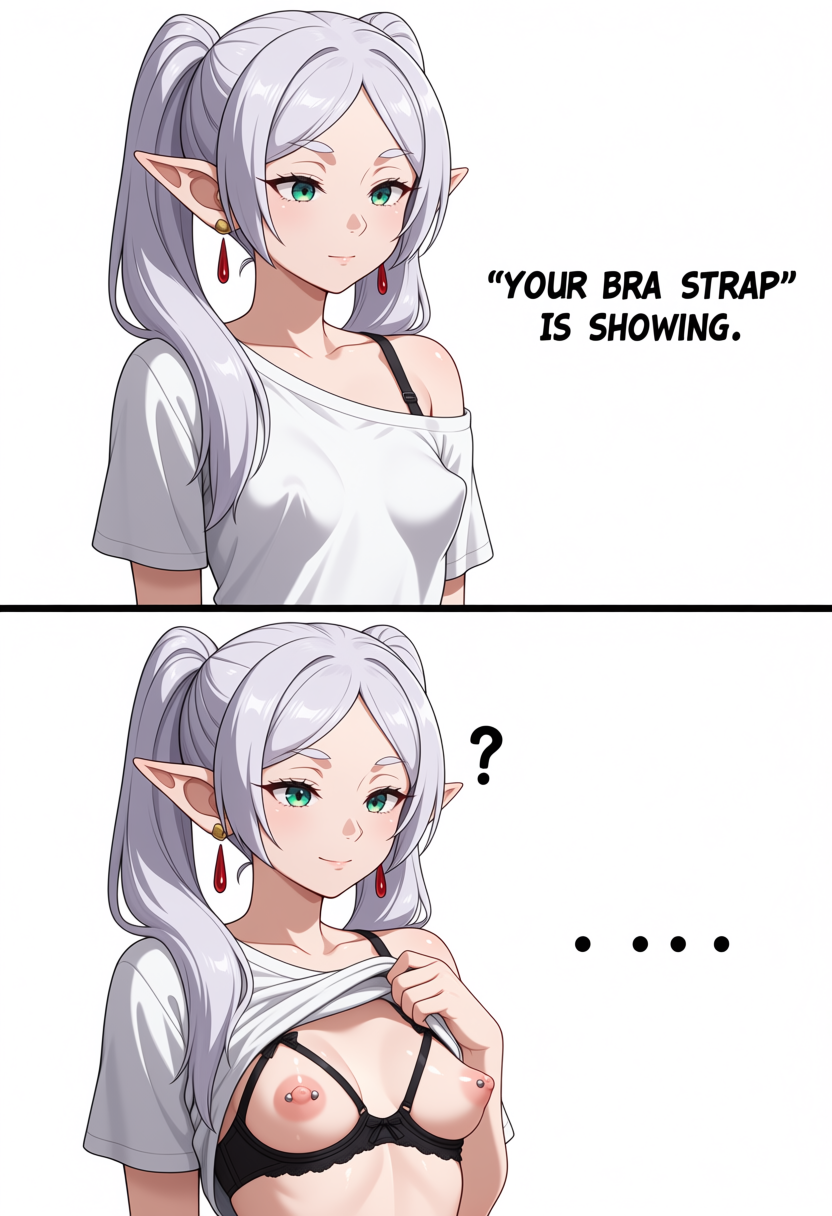 1girls, ai generated, bra, bra strap is showing (meme), english, english dialogue, english text, female, female only, flashing, flashing bra, frieren, frieren beyond journey's end, solo, solo female, sousou no frieren, tagme