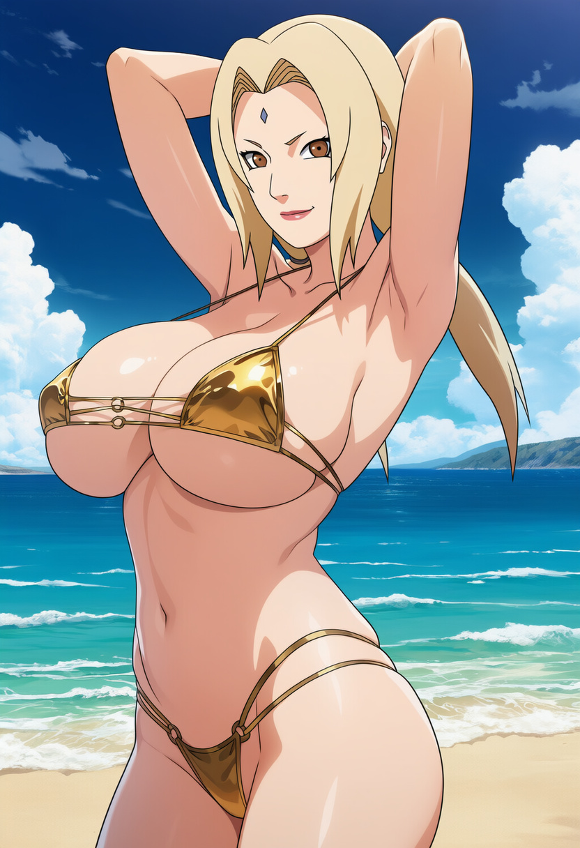 1girls, accurate art style, ai generated, alternate costume, arms behind head, arms up, beach, big breasts, blonde hair, blush, boruto: naruto next generations, breast focus, breasts, brown eyes, cleavage, female, female only, front-tie bikini, gold bikini, golden bikini, huge breasts, large breasts, looking at viewer, mature, mature female, naruto, naruto (series), naruto shippuden, outdoors, pinup, secreart, seductive, seductive eyes, seductive look, seductive smile, small bikini, smile, solo, solo focus, tsunade, upper body, voluptuous