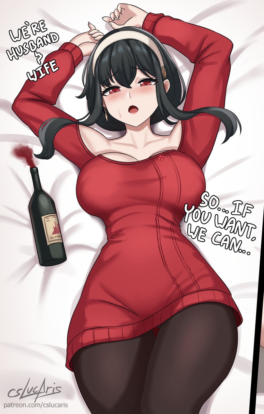 arms up, artist name, black hair, cslucaris, drunk, drunk blush, drunk female, english commentary, english text, hairband, looking at viewer, on back, on bed, pantyhose, patreon username, red eyes, red sweater, short hair, signature, spy x family, stained sheets, sweater, wine bottle, yor briar