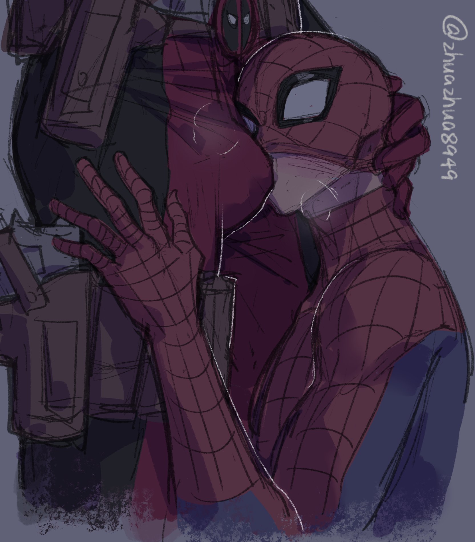 bulge, deadpool, gay, gay male, gay sex, hand on head, male, male only, marvel, marvel comics, mask, masked, masked male, spider-man, spider-man (series), yaoi, zhuazhua8949