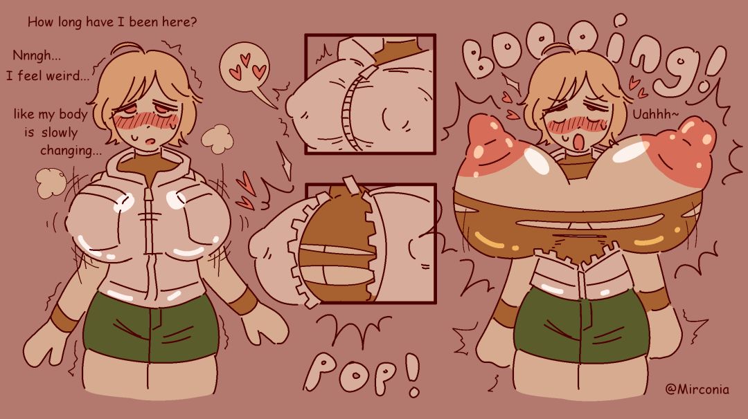 1girls, blonde hair, blushing, breast expansion, breasts, breasts out, bursting breasts, erect nipples, erect nipples under clothes, expansion, heart, heather mason, huge breasts, huge nipples, inconvenient breasts, konami, mirconia, moaning, onomatopoeia, sequence, short hair, silent hill, silent hill 3, simple background, skirt, sweat, thighs, torn clothes, trembling, vest, zipper malfunction