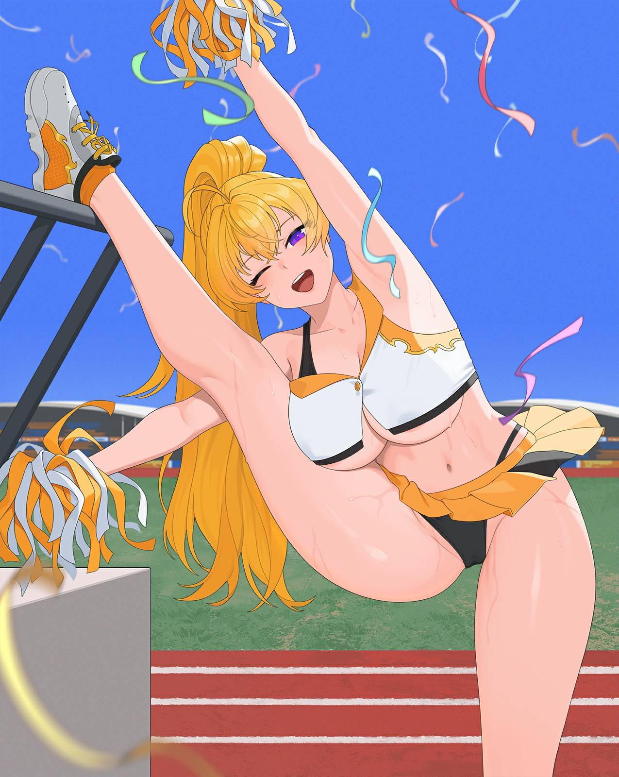 1girls, alternate hairstyle, arm up, big breasts, blonde female, blonde hair, busty, bw-ring, cheerleader, cheerleader outfit, cheerleader uniform, half naked, half naked female, half-dressed, large breasts, legs, long hair, long hair female, looking at viewer, midriff, navel, pom poms, ponytail, purple eyes, rwby, sensual, sexy, skirt, solo female, thighs, toned, underboob, yang xiao long