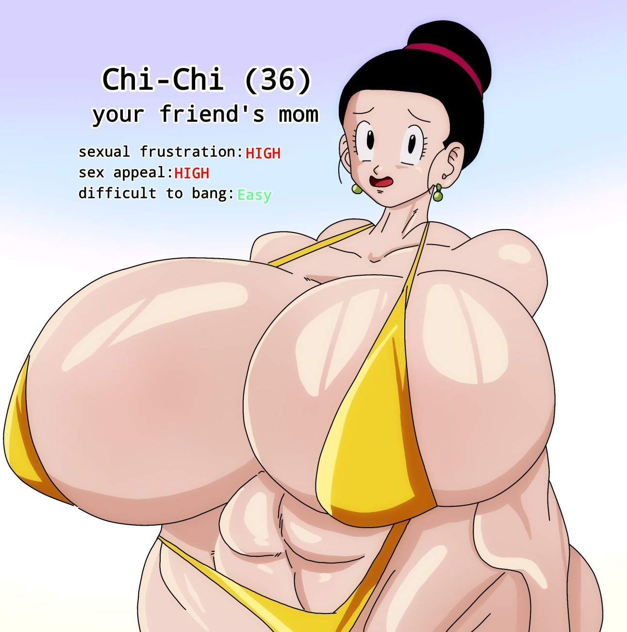 big breasts, bikini, chichi, chichi (majin buu saga), edit, hair bun, huge breasts, looking at viewer, mageta32, marsedit, milf, mother, nervous smile, small waist, yellow bikini