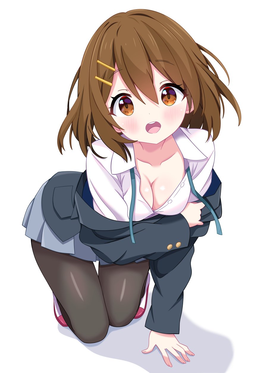 1girl, black pantyhose, blush, breasts, brown eyes, brown hair, cleavage, collarbone, female focus, full body, hair between eyes, hair ornament, hairclip, highres, hiiragisensei, k-on!, long sleeves, looking at viewer, medium breasts, open mouth, pantyhose, sakuragaoka high school uniform, school uniform, serafuku, shadow, shoes, short hair, simple background, solo, teeth, white background, yui hirasawa (k-on!)