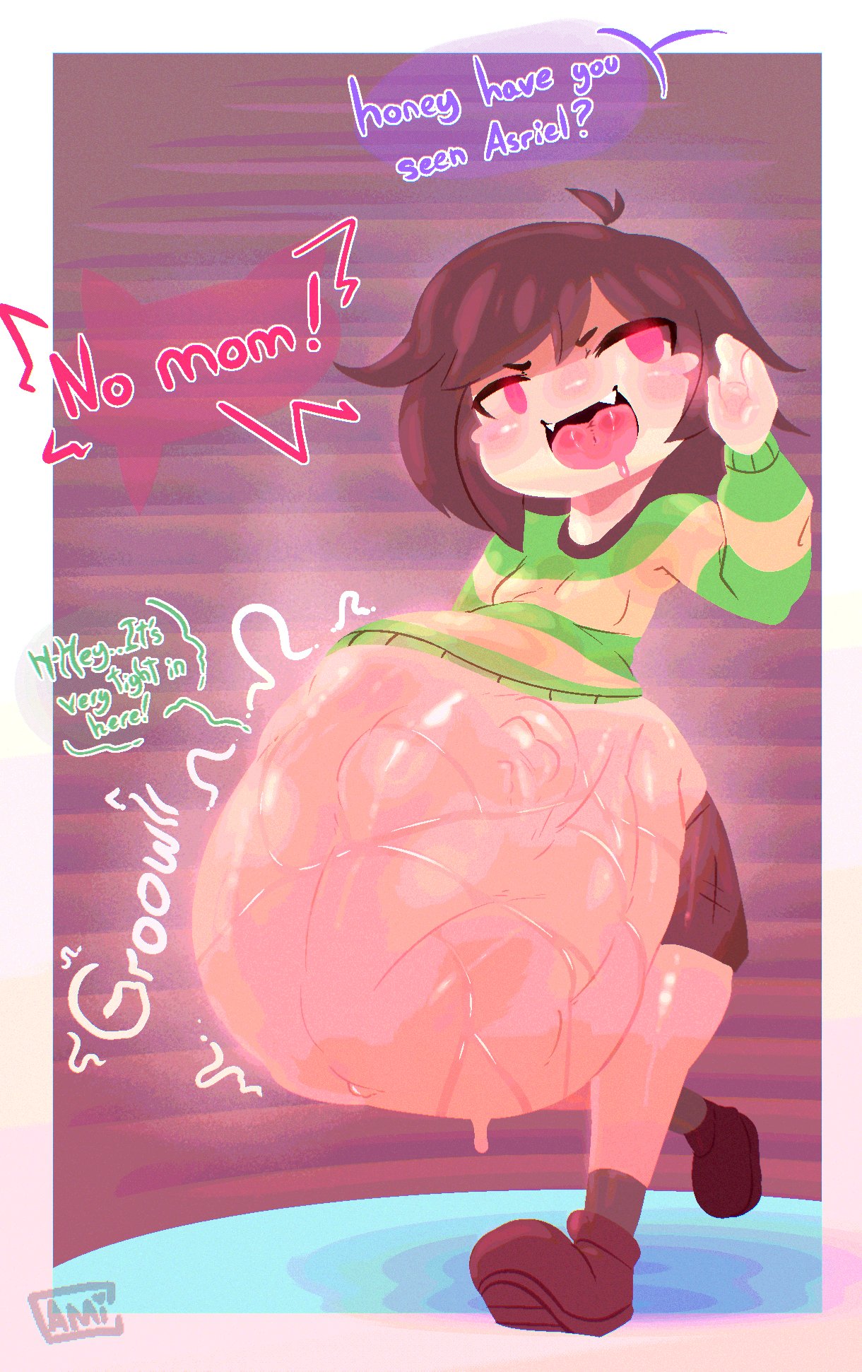asriel, asriel dreemurr, belly bulge, big belly, camigz, chara, chara (undertale), dialogue, female chara, female pred, human pred, implied digestion, imprints, male prey, playing dumb, same size vore, smug pred, soft vore, stomach noises, sweat, uncaring pred, undertale, vore, vore belly