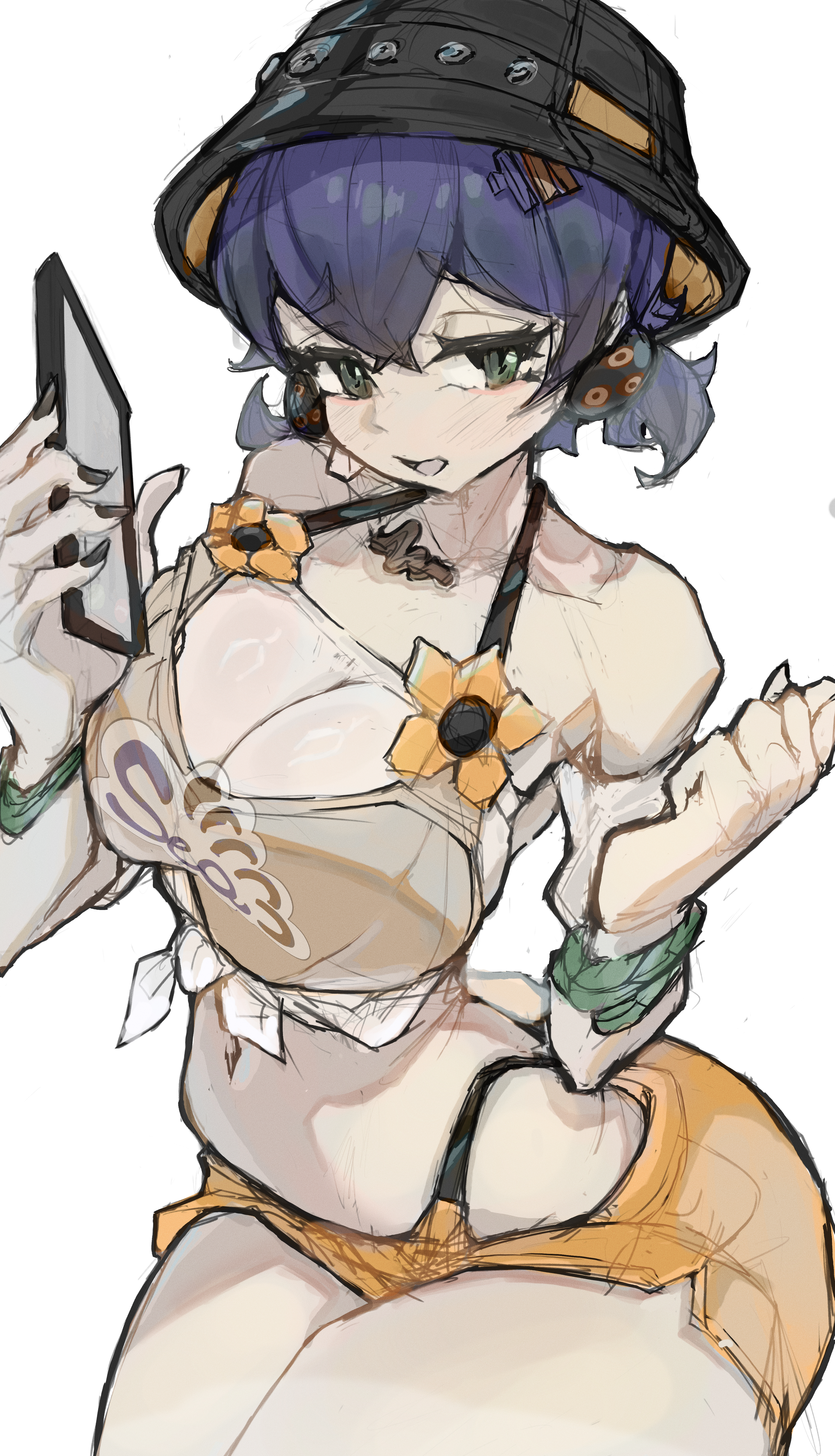 1girl, absurdres, ass, belle (summer skies) (zenless zone zero), belle (zenless zone zero), black nails, breasts, bucket hat, cleavage, colored nails, commentary, curvy, flower, green eyes, hat, highres, holding, huge ass, large breasts, navel, official alternate costume, painted nails, phone, psyphony, shirt, sketch, solo, sunflower, thick thighs, thighs, tied shirt, white background, zenless zone zero
