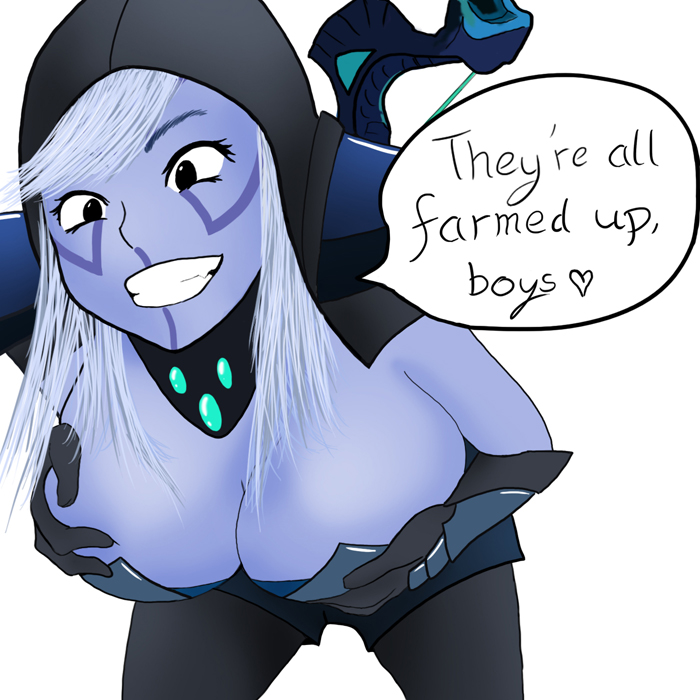 1girls, black eyes, blue hair, blue skin, breasts, cleavage, dota 2, drow ranger, female, female only, heart, large breasts, mega milk, meme, text, traxex, white background, white hair
