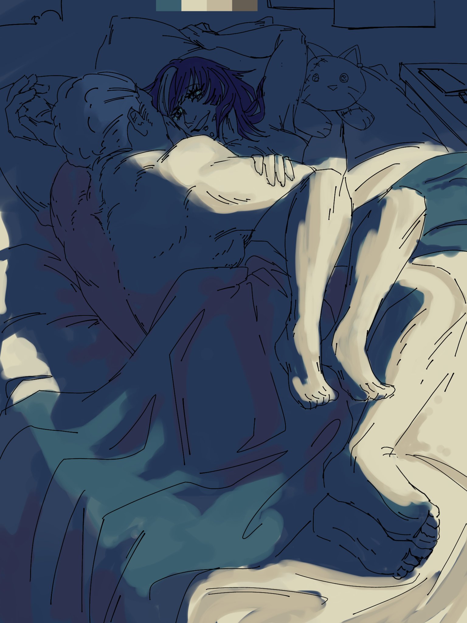 1boy, 1boy1girl, 1girls, bed, bed sheet, bedroom, black hair, blonde hair, breasts, canon couple, chin piercing, color, completely nude, dyed hair, eyebrows visible through hair, green highlights, hakari kinji, highres, hoshi kirara, in bed, jujutsu kaisen, kirarafan4, lighting, long hair, looking at another, lying, lying on back, lying on bed, lying on side, muscular, muscular male, pillow grab, purple eyes, romantic, romantic couple, rule 63, smile, star pupils, straight, under covers, unseen male face