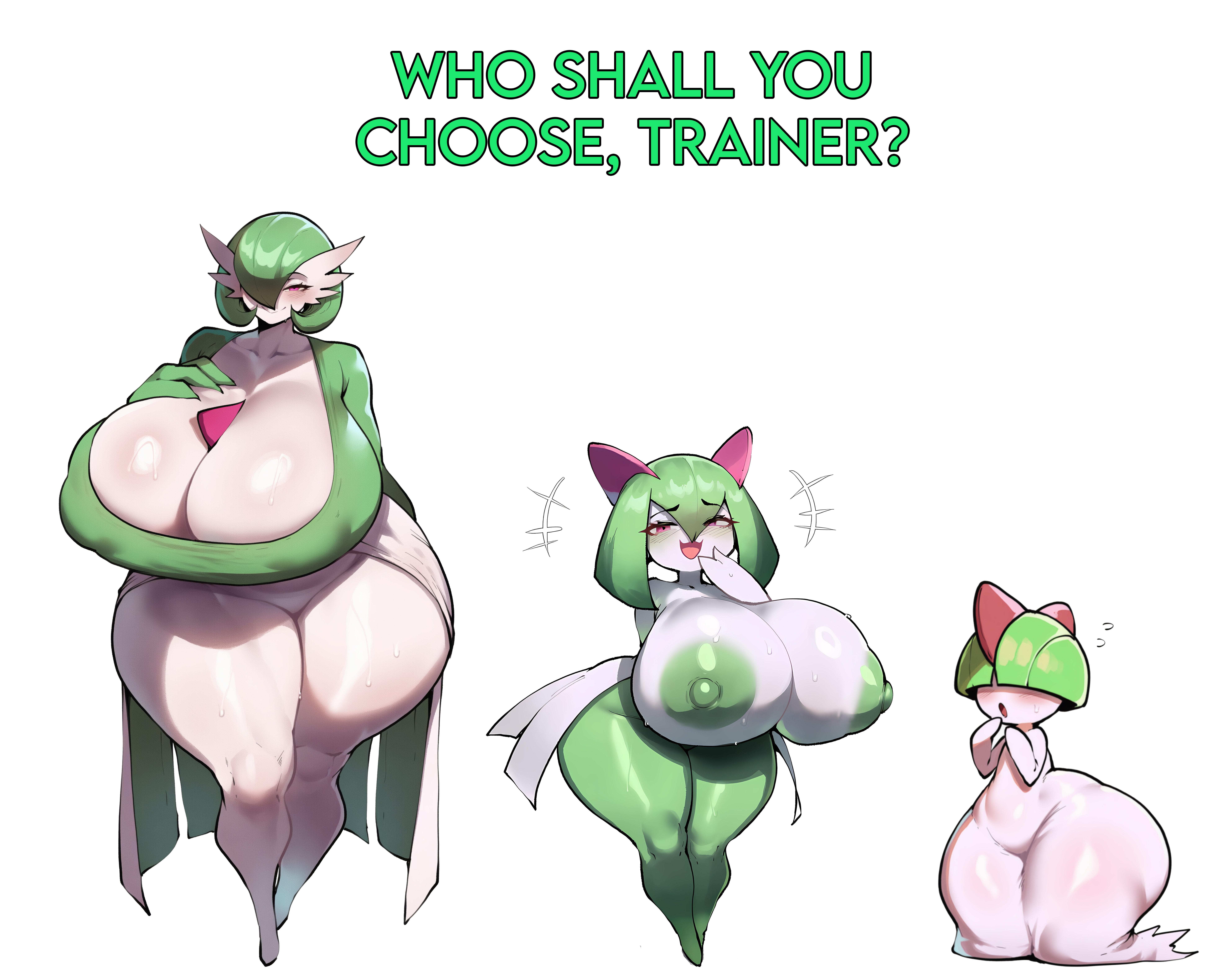 ai generated, ameanon, big breasts, evolutionary family, furry, gardevoir, gigantic breasts, green nipples, huge breasts, kirlia, large breasts, nintendo, nipples, pokemon, ralts, thick thighs, wide hips