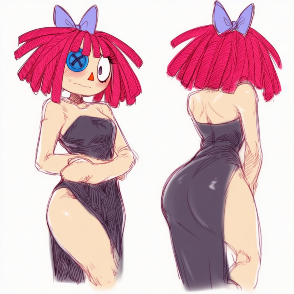 1girls, 2026, ai generated, arms crossed, ass, ass focus, black dress, blush, bow, button eye, doll girl, exposed shoulders, exposed thighs, glitch productions, gooseworx, lapis slopzuli, nervous face, pearl necklace, ragatha, ragatha (pub outfit), ragatha (tadc), ragatha (the amazing digital circus), ragdoll, red hair, red-haired female, solo female, tagme, the amazing digital circus, triangle nose, uravity98114