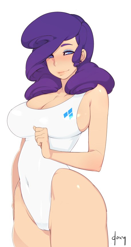 bare shoulders, blue eyes, breasts, cameltoe, cleavage, doxy, ear studs, earrings, eyes, female, friendship is magic, huge breasts, jewelry, light smile, lips, long hair, my little pony, one-piece swimsuit, personification, purple hair, pussy, rarity (mlp), sideboob, smile, smooth skin, solo, swimsuit, white swimsuit, wide hips