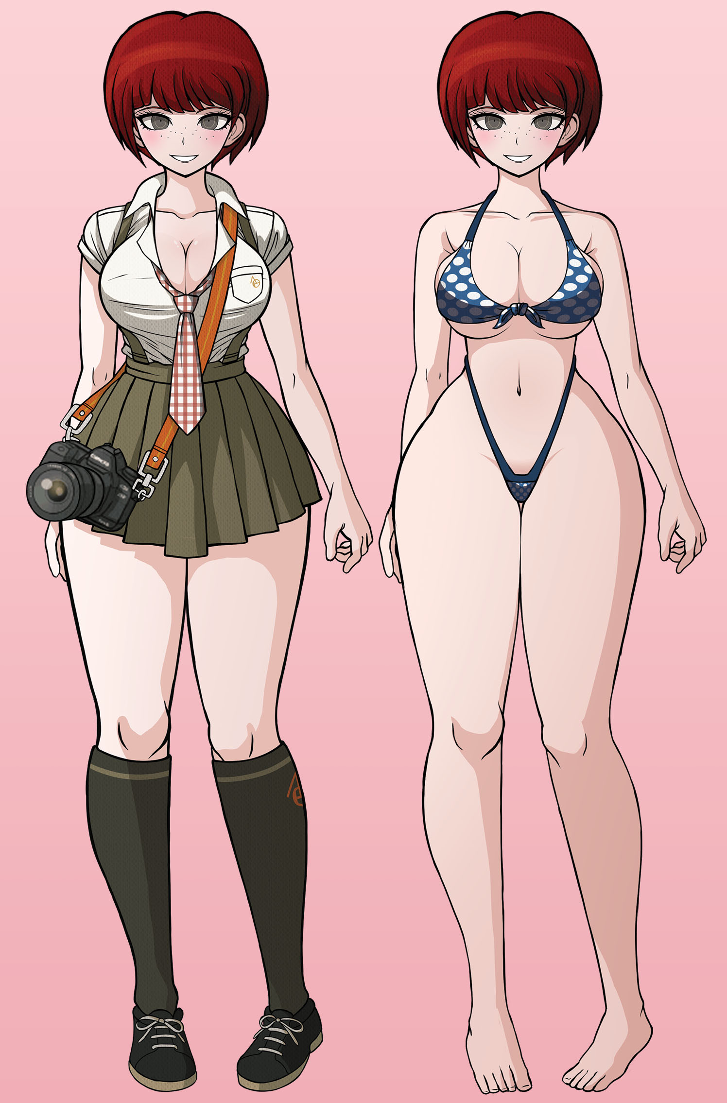 1girls, belly button, bikini, camera, danganronpa, danganronpa 2: goodbye despair, freckles, green eyes, halter bikini, halterneck, koizumi mahiru, large breasts, middinos, midnightdindins, necktie, red hair, school uniform, shoes, short hair, skirt, smile, sprite edit, swimsuit, thick thighs, underboob, voluptuous female