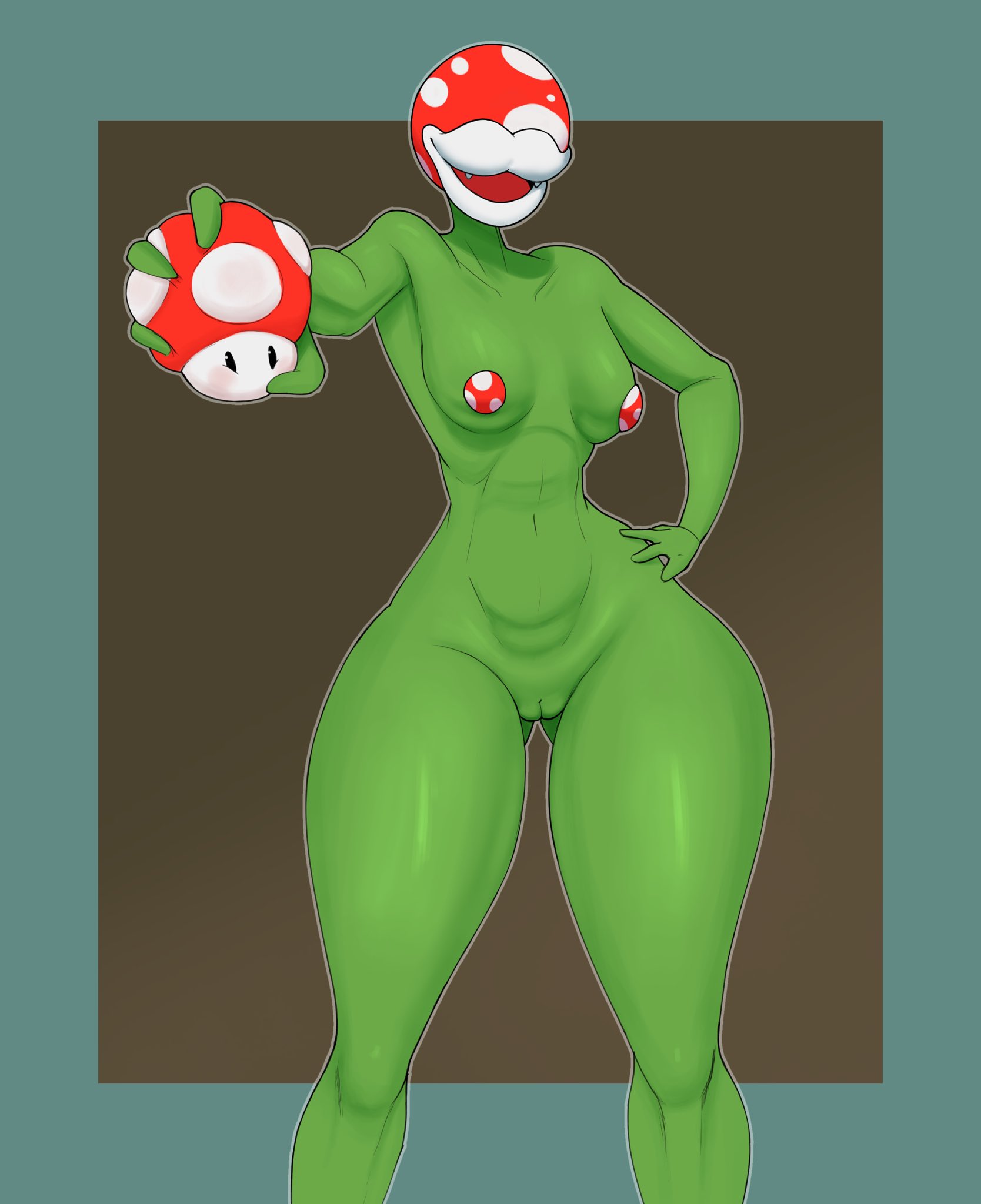1girls, boobs, breasts, covered nipples, fangs, green body, green skin, humanoid, lips, mario (series), megamor, mushroom, piranha plant, piranha plant girl, plant, plant girl, pussy, simple background, super mushroom