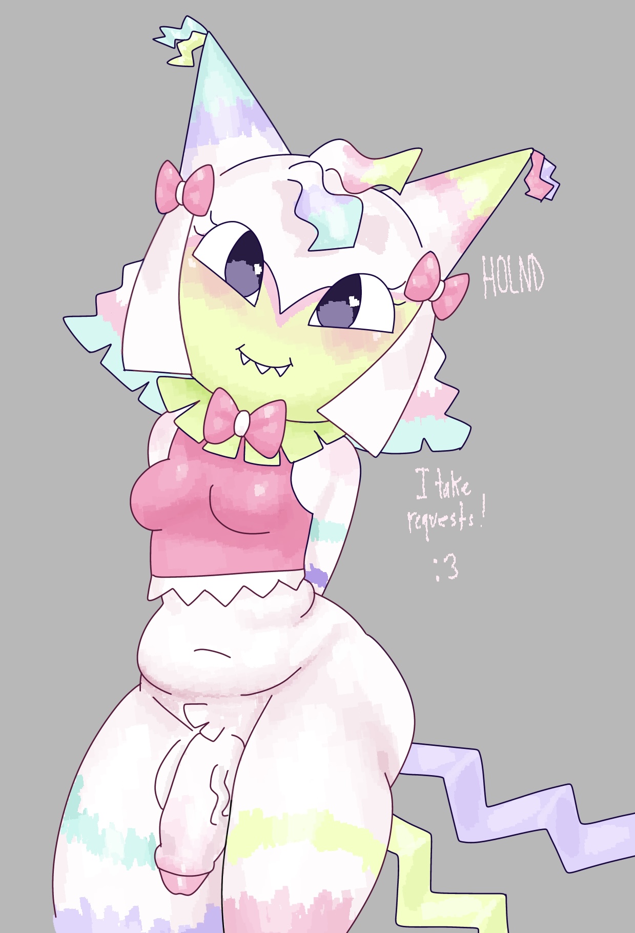 1girl, 1girls, big ass, big penis, bottomless, bows, casual boner, casual erection, casual exposure, casual nudity, chubby, chubby female, chubby futa, chubby girl, chubby woman, crinkled confetti yatta, crop top, crop top only, dandy's world, dandys world, easter, girl cock, gock, heavy balls, holnd, innocent expression, large ass, large penis, looking at viewer, only female, only shirt, penis, shirt only, thick ass, thick penis, tilted head, trans woman, veiny penis, yatta (dandy's world)