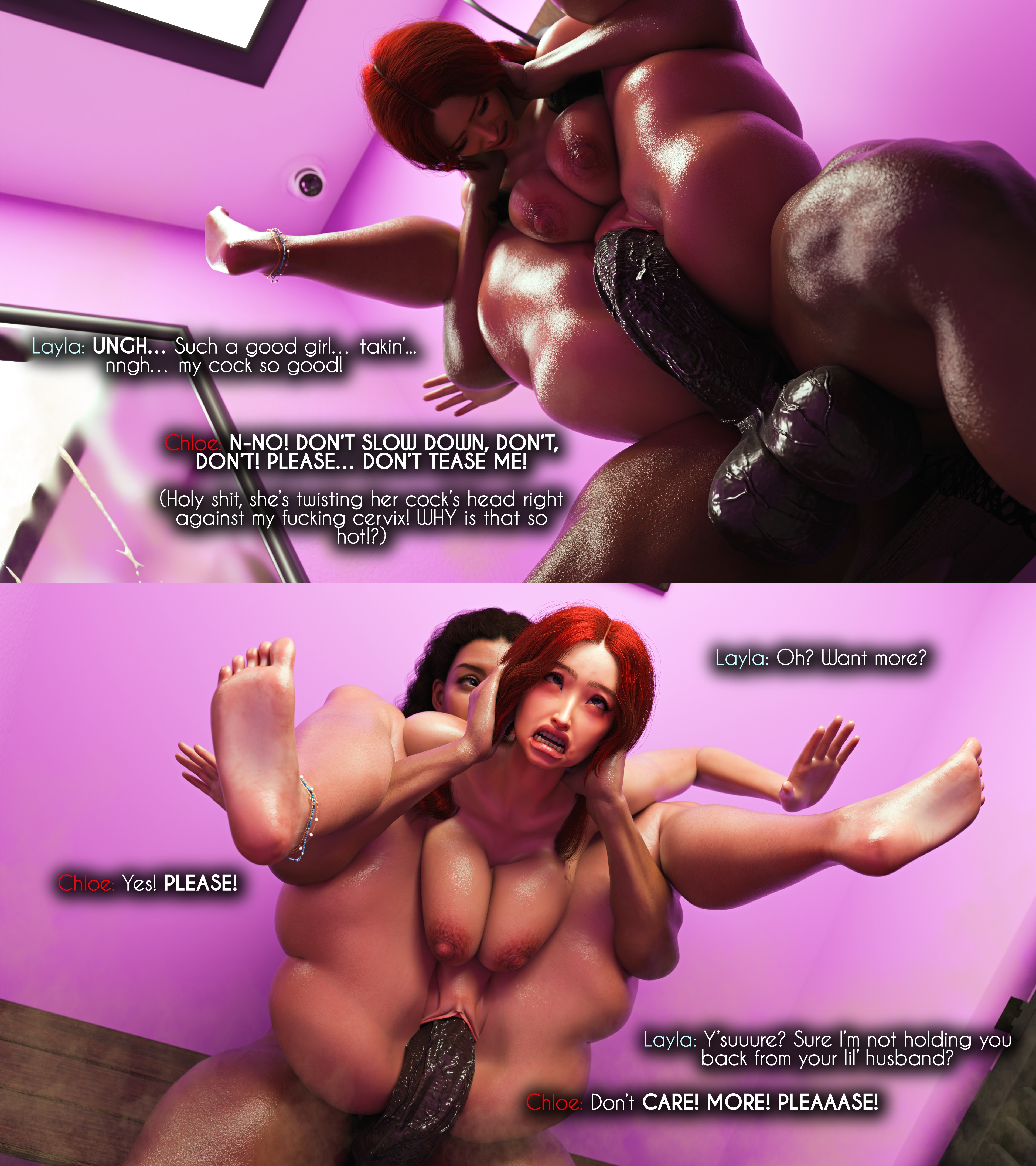1futa, 1girls, 3d, 3d (artwork), ahe gao, ahegao, ass, big ass, big breasts, big penis, blankken, breasts, changing room, chloe (blankken), dark-skinned futa, edit, endured face, english text, female, from behind, from behind position, fucked from behind, fucked silly, fucking, full nelson, full-package futa, futa on female, futadom, futanari, gritted teeth, huge ass, huge breasts, huge cock, huge penis, interracial, larger futa, layla (blankken), light-skinned female, nipples, original, original character, penis, red hair, sex, standing sex, text, uncensored, vaginal penetration, veiny penis