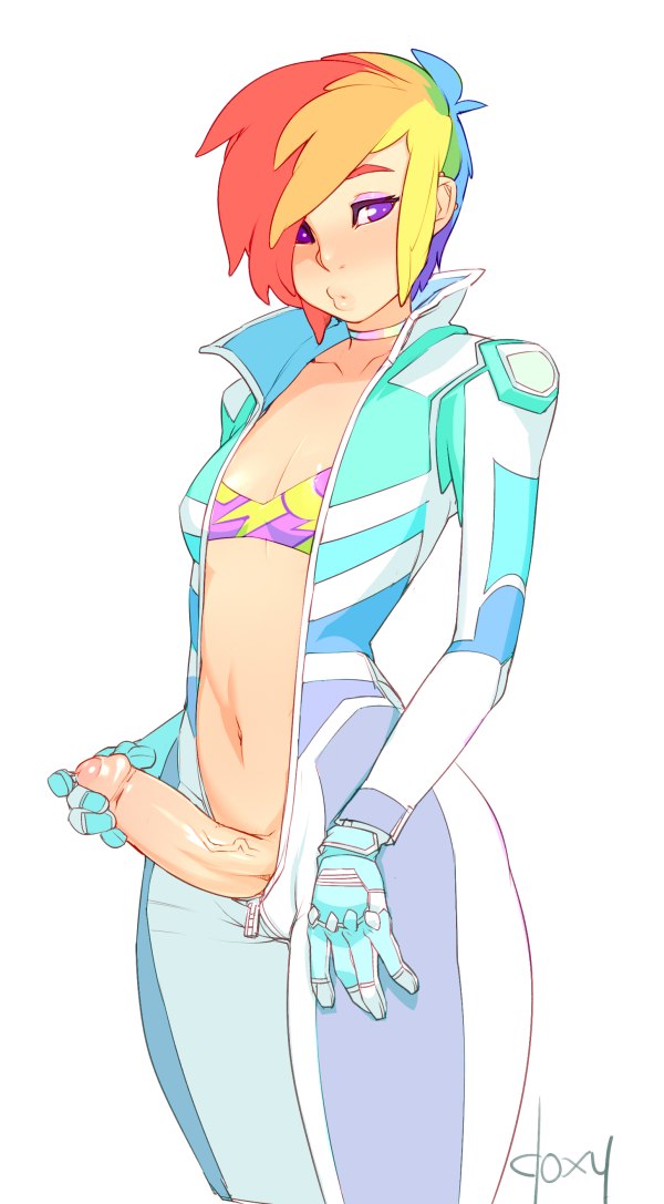 1futa, bikini top, bodysuit, choker, doxy, erection, eyeshadow, flat chest, foreskin, friendship is magic, full-length zipper, futa only, futanari, gloves, hair, humanized, intersex, my little pony, navel, penis, precum, purple eyes, racing suit, rainbow dash (mlp), rainbow hair, short hair, smooth skin, solo, uncircumcised, uncut, unzipped