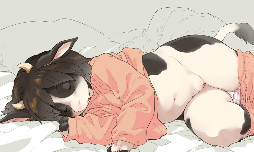 anthro bovine chubby cow_ears cow_horns cow_tail female kikurage pussy sleeping solo