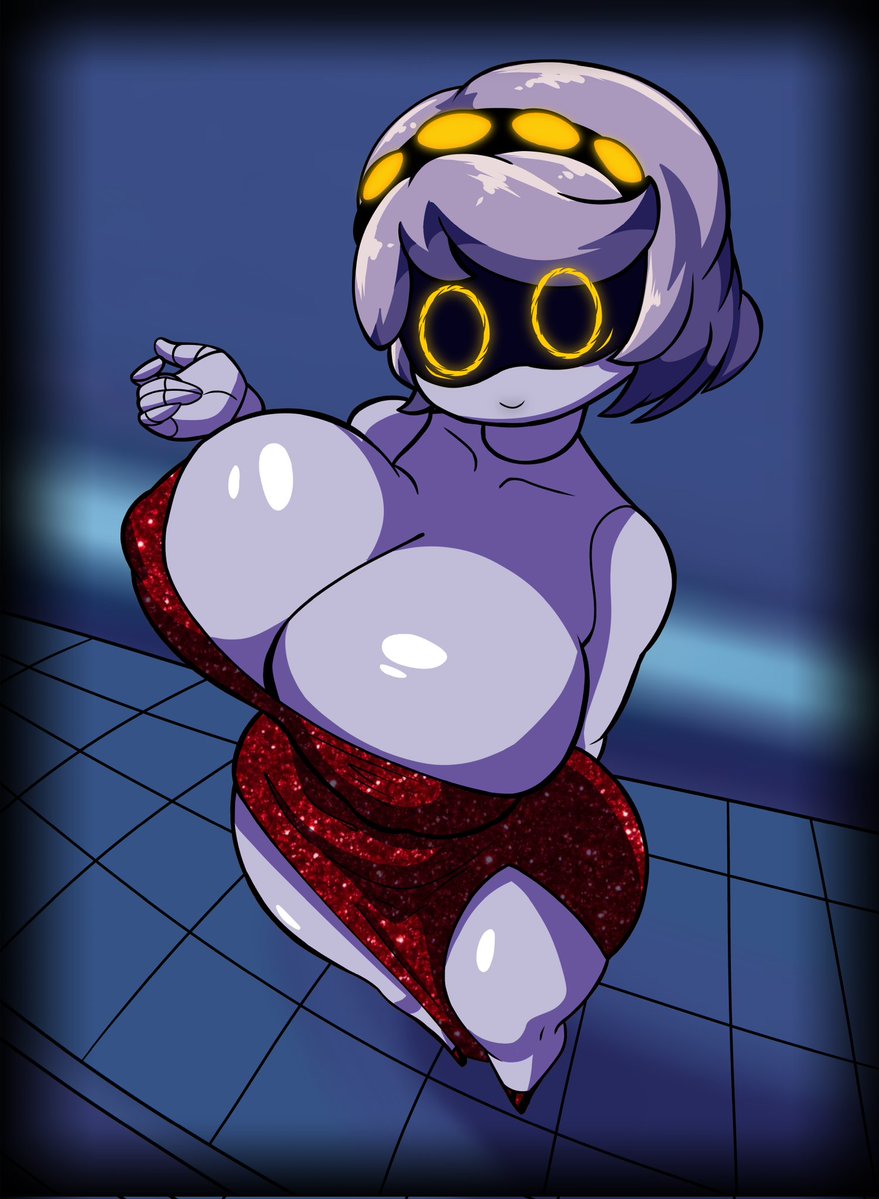 1girls, big boobs, big breasts, boobs, dance floor, dress, female, female focus, female only, grey hair, hyper, hyper breasts, murder drones, prom dress, red dress, smile, solo, solo female, solo focus, tannicfer, v (murder drones), yellow eyes