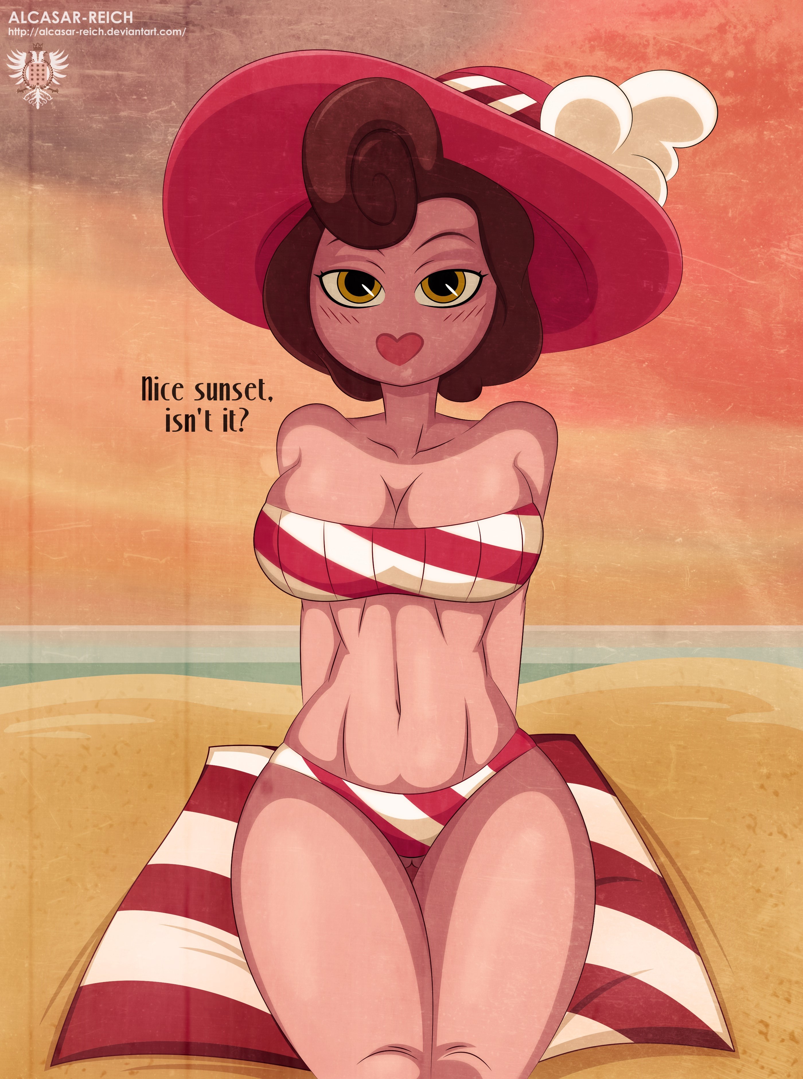 alcasar-reich, baroness von bon bon, bikini, cuphead (game), female, sitting, solo