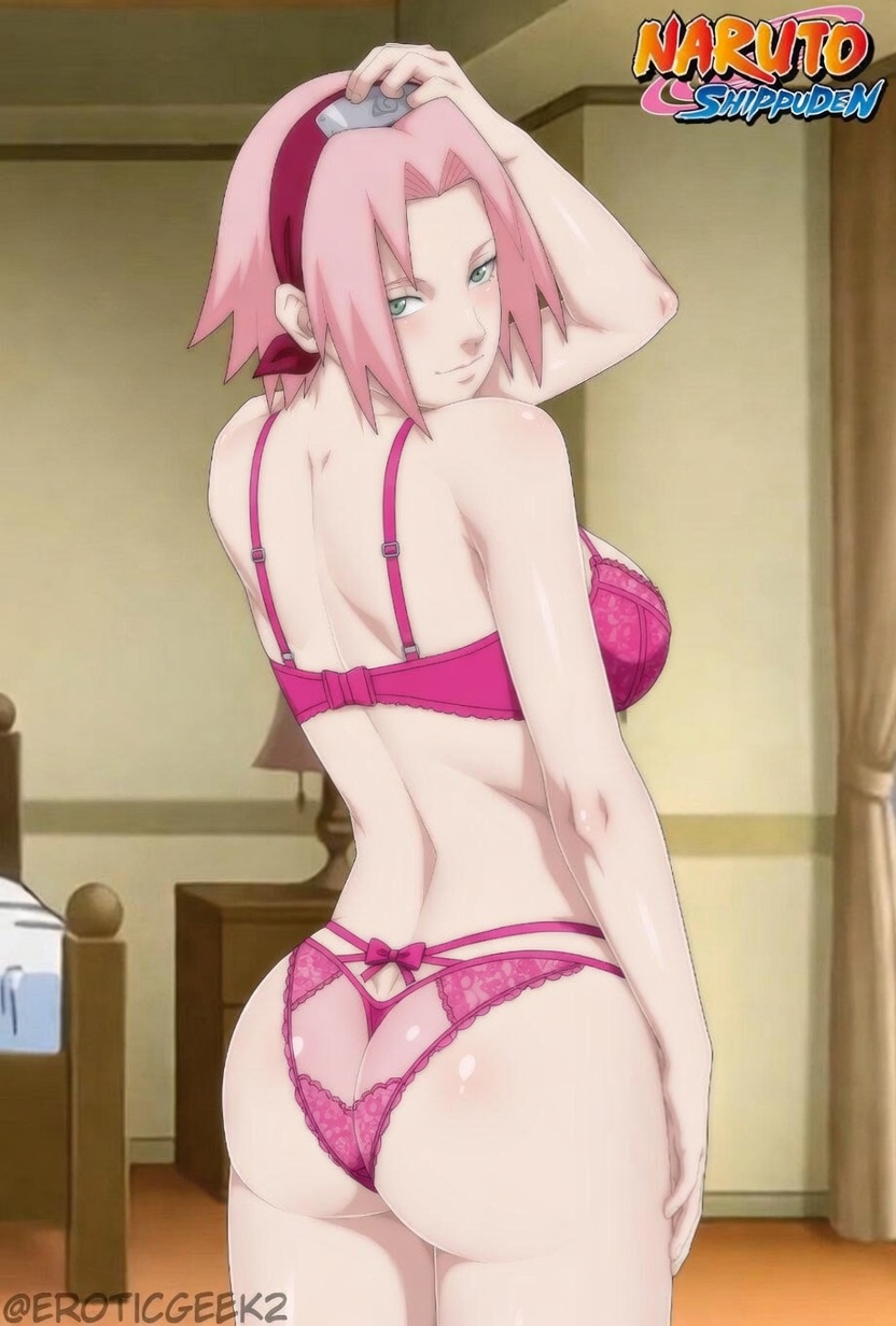 1girls, ai generated, anime, anime girl, anime style, ass, back, bed, bedroom, blush, bra, breasts, closed mouth, clothing, completely nude, cowboy shot, curtains, dimples of venus, eroticgeek2, female, female only, forehead protector, from behind, green eyes, hairband, half-closed eyes, hand on head, hand on own head, hand up, headband, headwear, high resolution, indoors, konohagakure symbol, lamp, large breasts, light-skinned female, lingerie, looking at viewer, looking back, medium breasts, naruto, naruto (series), naruto shippuden, nipples, nude, one arm up, panties, pink hair, posterior cleavage, red hairband, red headband, sakura haruno, seductive, seductive smile, shiny, shiny skin, short hair, smile, solo, standing, underwear
