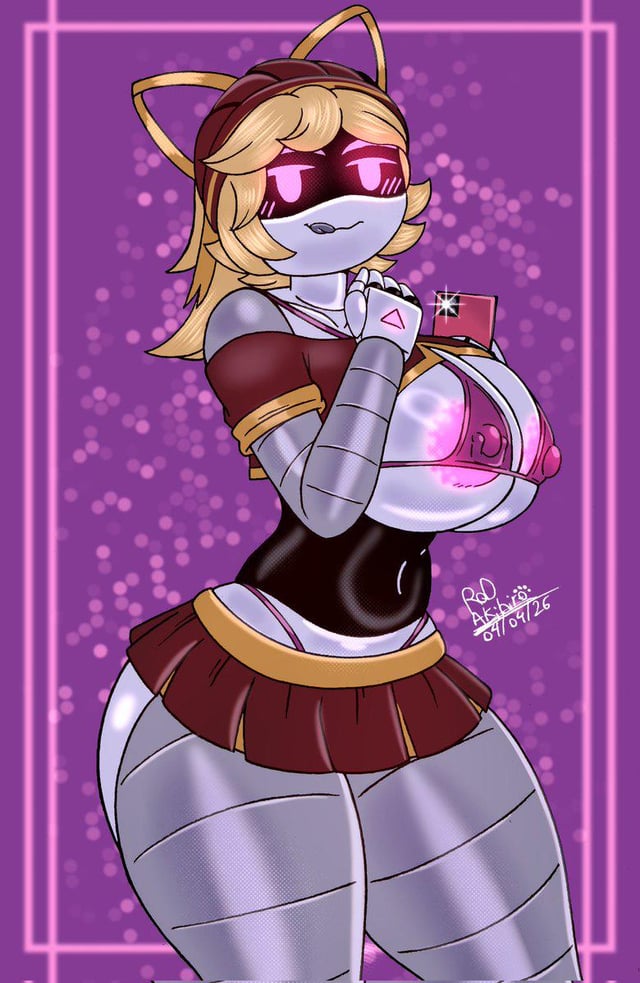 1girls, blonde hair, blush, blushing, blushing female, breasts, cheerleader, female, female focus, female only, hat, lizzy (murder drones), murder drones, pink eyes, repost, rod akihiro, skirt, solo, solo female, solo focus, thick thighs, thighs, tounge out
