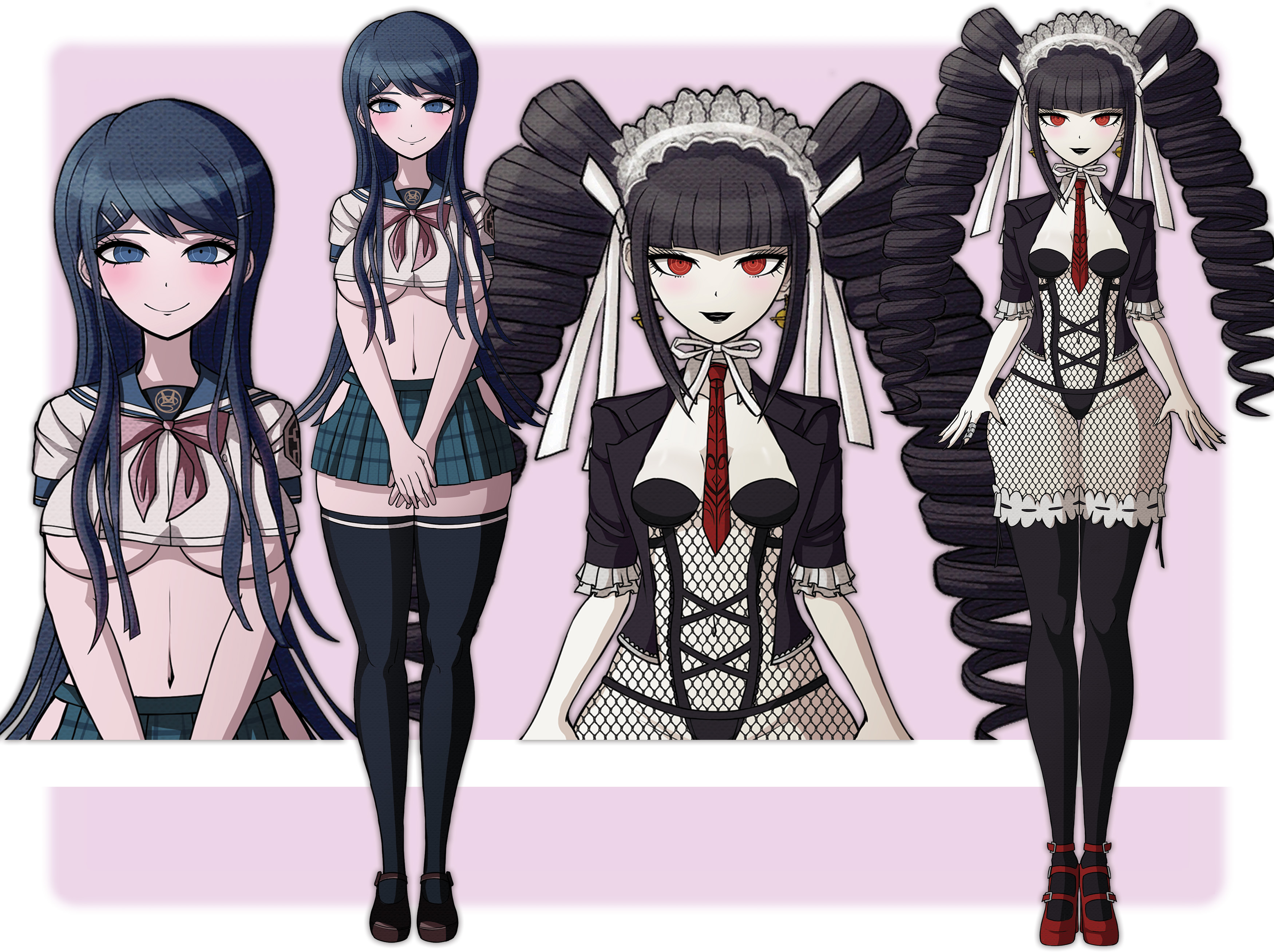 2girls, belly button, black fingernails, black hair, black lipstick, blue hair, bodystocking, celestia ludenberg, croptop, danganronpa, danganronpa: trigger happy havoc, drill hair, female, female only, fishnet bodystocking, fishnets, goth, large breasts, maizono sayaka, middinos, midnightdindins, multiple girls, necktie, red shoes, short skirt, smile, smile at viewer, sprite art, sprite edit, thighhighs